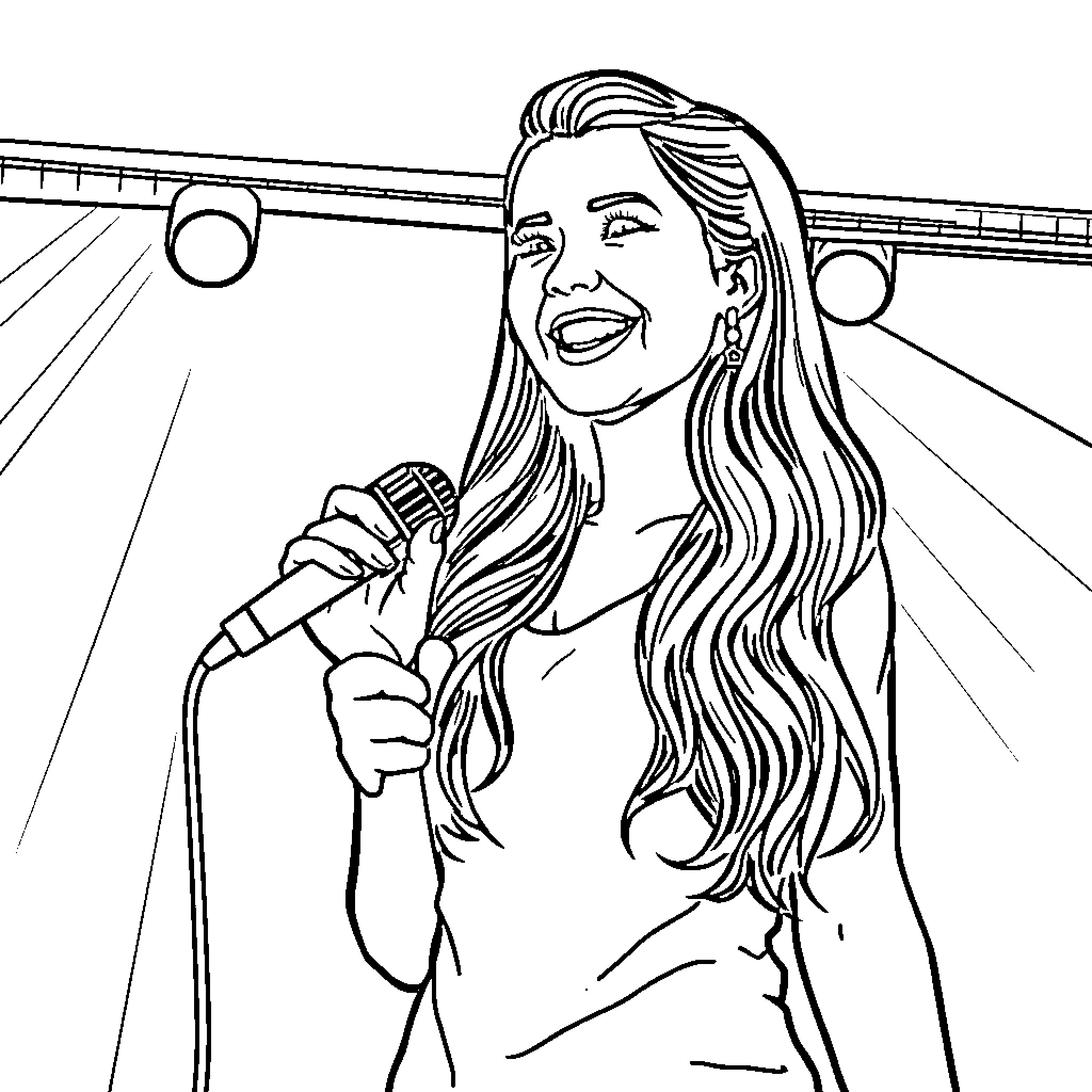 Angela Giarratana performing joyfully on stage Coloring Page (free black-and-white line drawing printable PDF for all, from beginners to advanced learners, including children, teens, adults, and seniors)