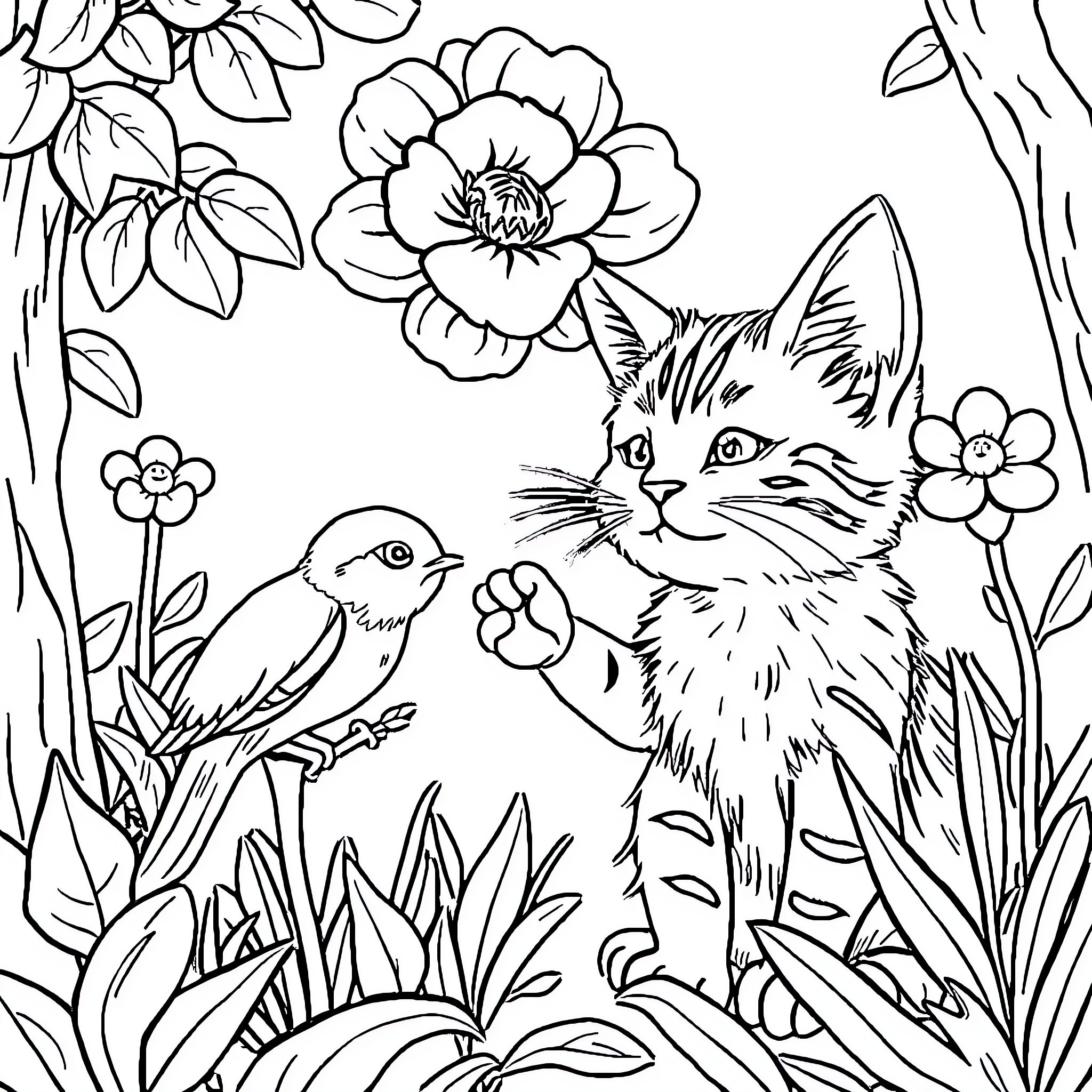 Gato exploring the floral garden Coloring Page (free black-and-white line drawing printable PDF for all, from beginners to advanced learners, including children, teens, adults, and seniors)