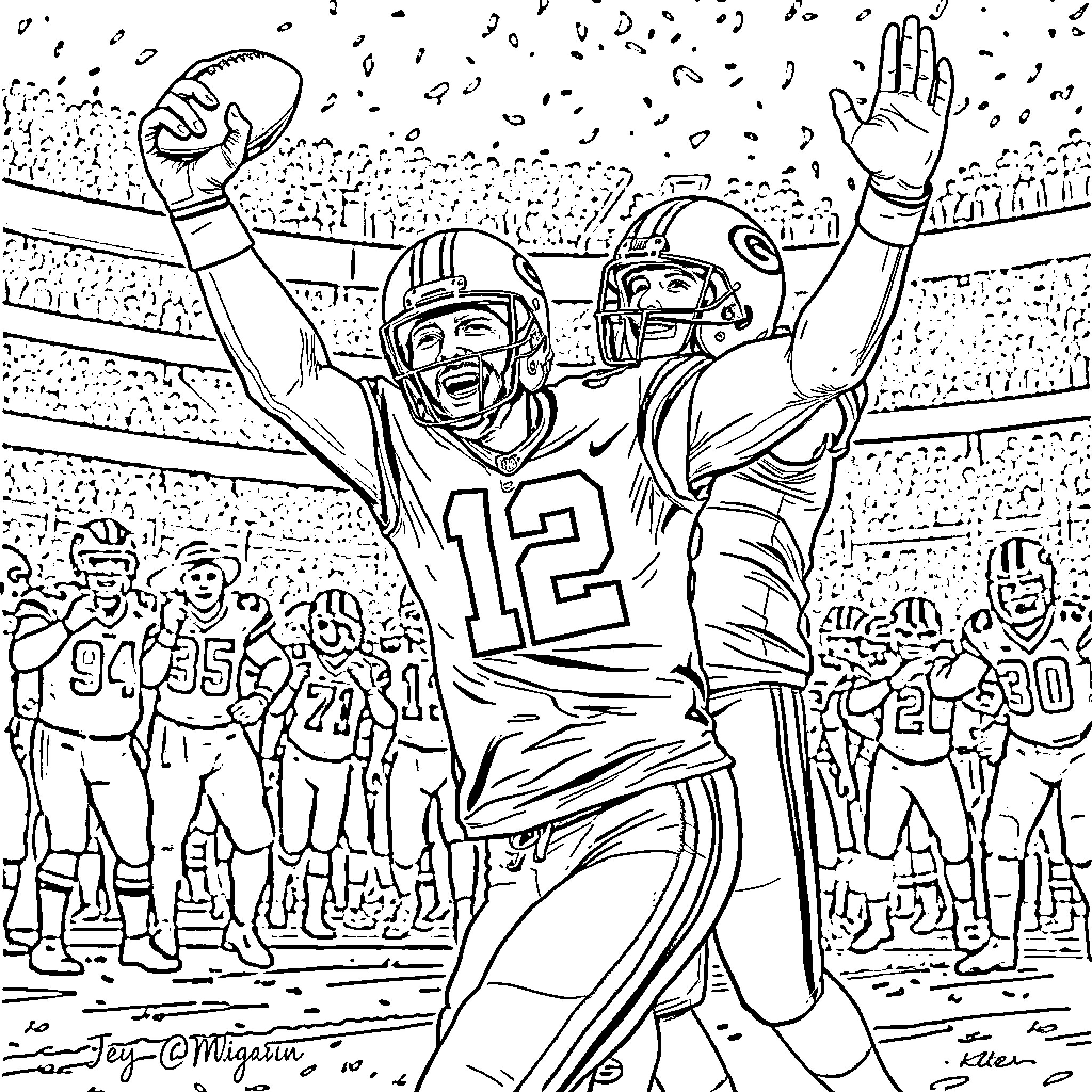 Jordan Love Celebrating Victory on the Field Coloring Page (free black-and-white line drawing printable PDF for all, from beginners to advanced learners, including children, teens, adults, and seniors)
