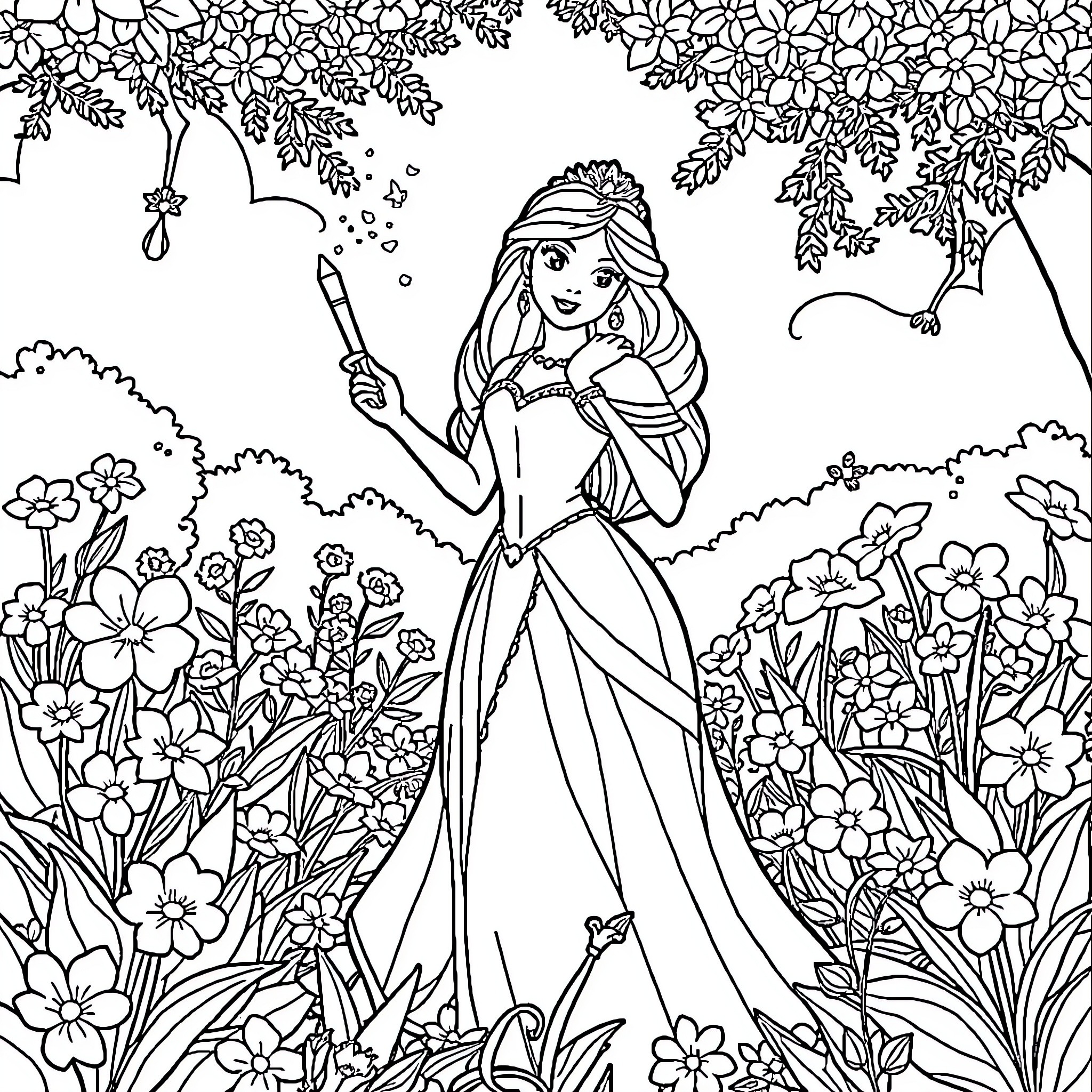 Princess in a Magical Garden Scene Coloring Page (free black-and-white line drawing printable PDF for all, from beginners to advanced learners, including children, teens, adults, and seniors)