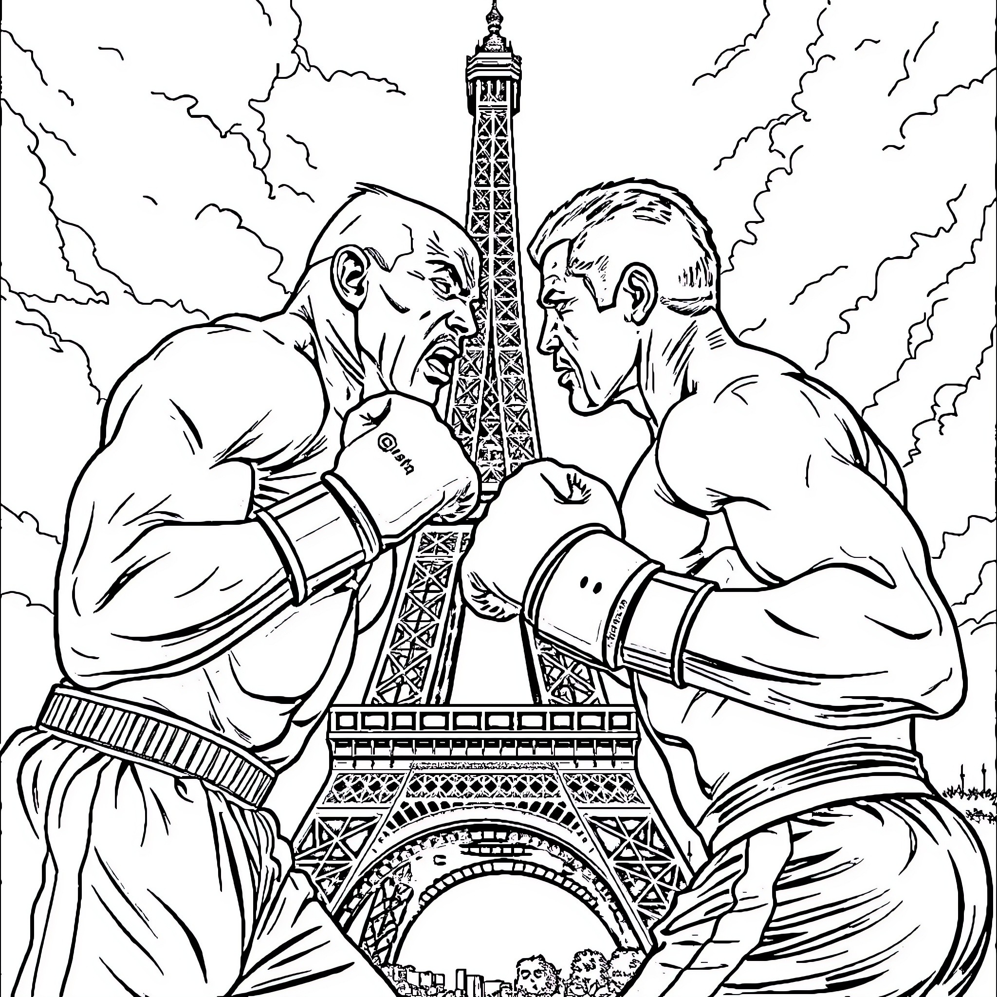 Mike Tyson's Intense Boxing Match in Paris Coloring Page (free black-and-white line drawing printable PDF for all, from beginners to advanced learners, including children, teens, adults, and seniors)