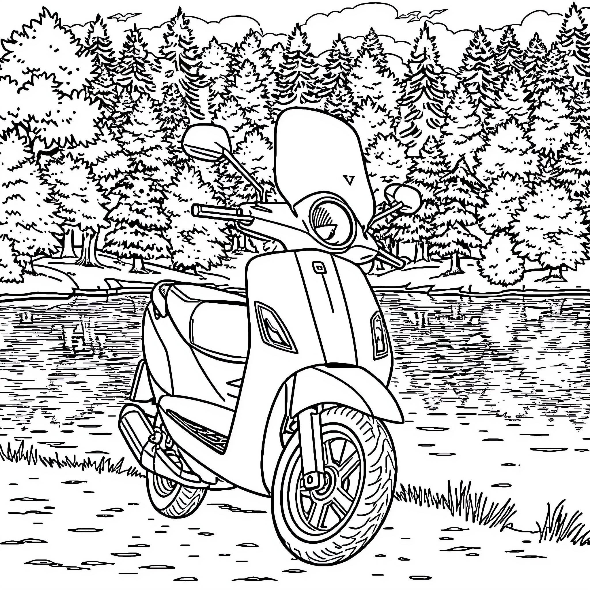 Piaggio scooter ride through scenic forest landscape Coloring Page (free black-and-white line drawing printable PDF for all, from beginners to advanced learners, including children, teens, adults, and seniors)