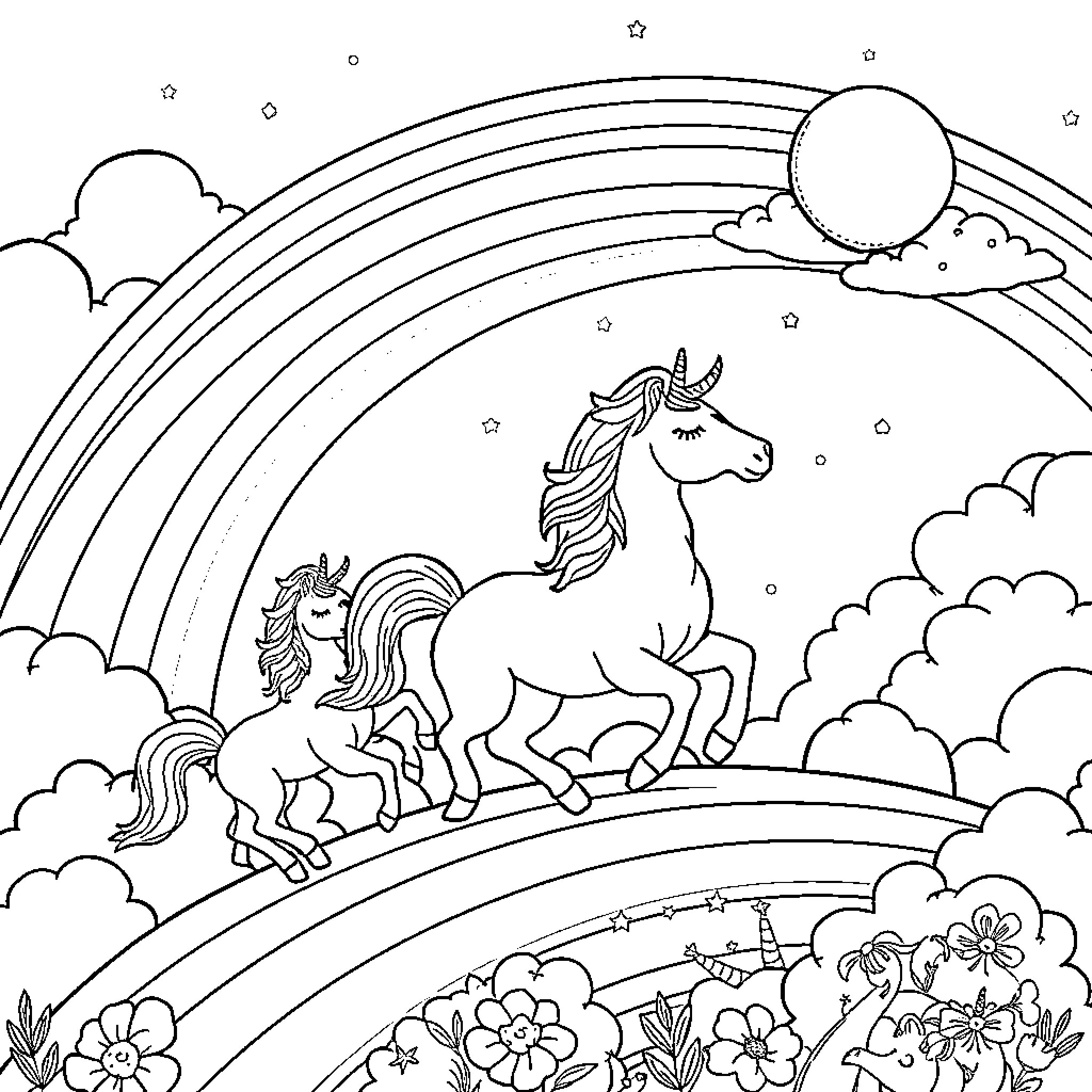 Unicorn Pair Running Through Whimsical Landscape Coloring Page (free black-and-white line drawing printable PDF for all, from beginners to advanced learners, including children, teens, adults, and seniors)
