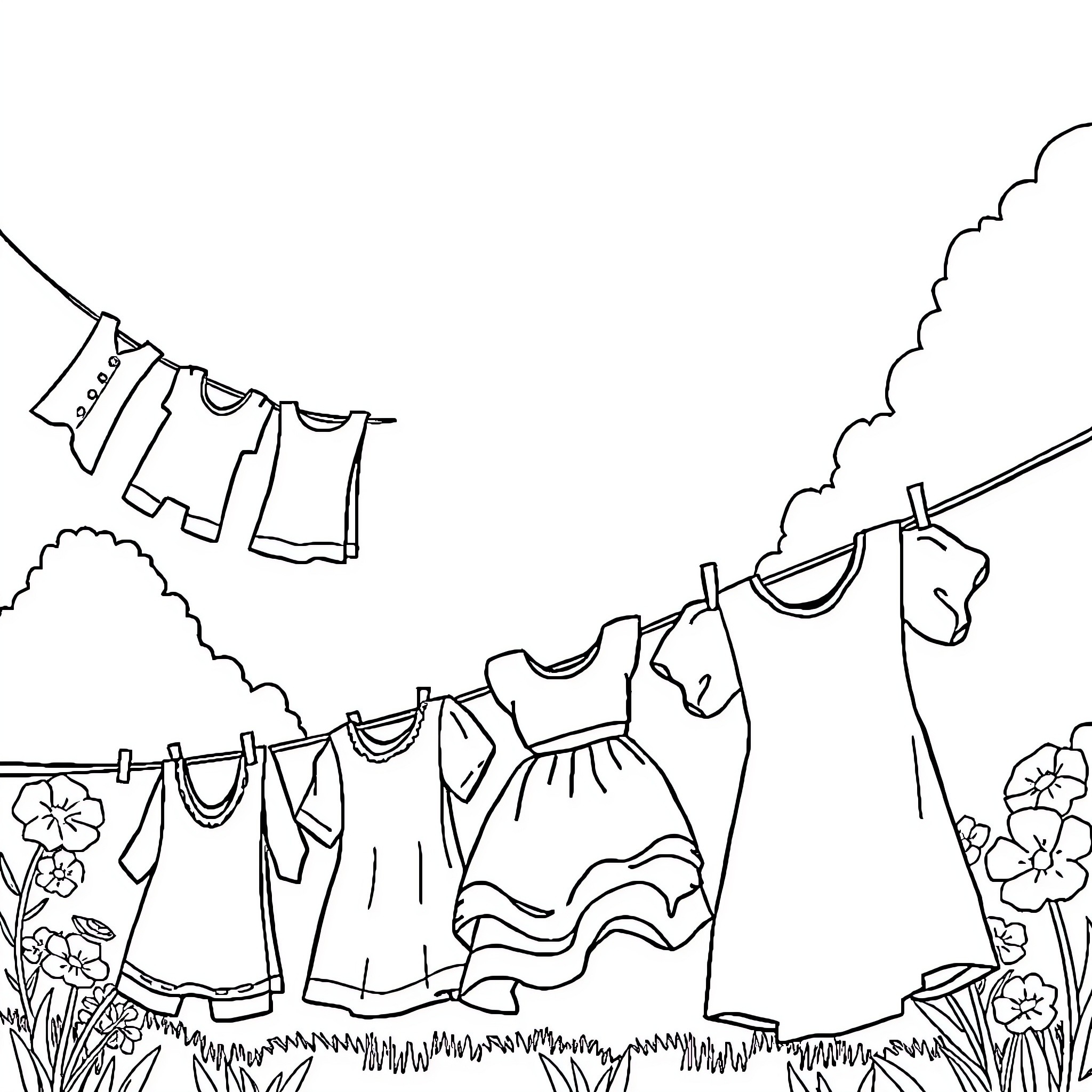 Alice's Laundry Day on the Clothesline Coloring Page (free black-and-white line drawing printable PDF for all, from beginners to advanced learners, including children, teens, adults, and seniors)