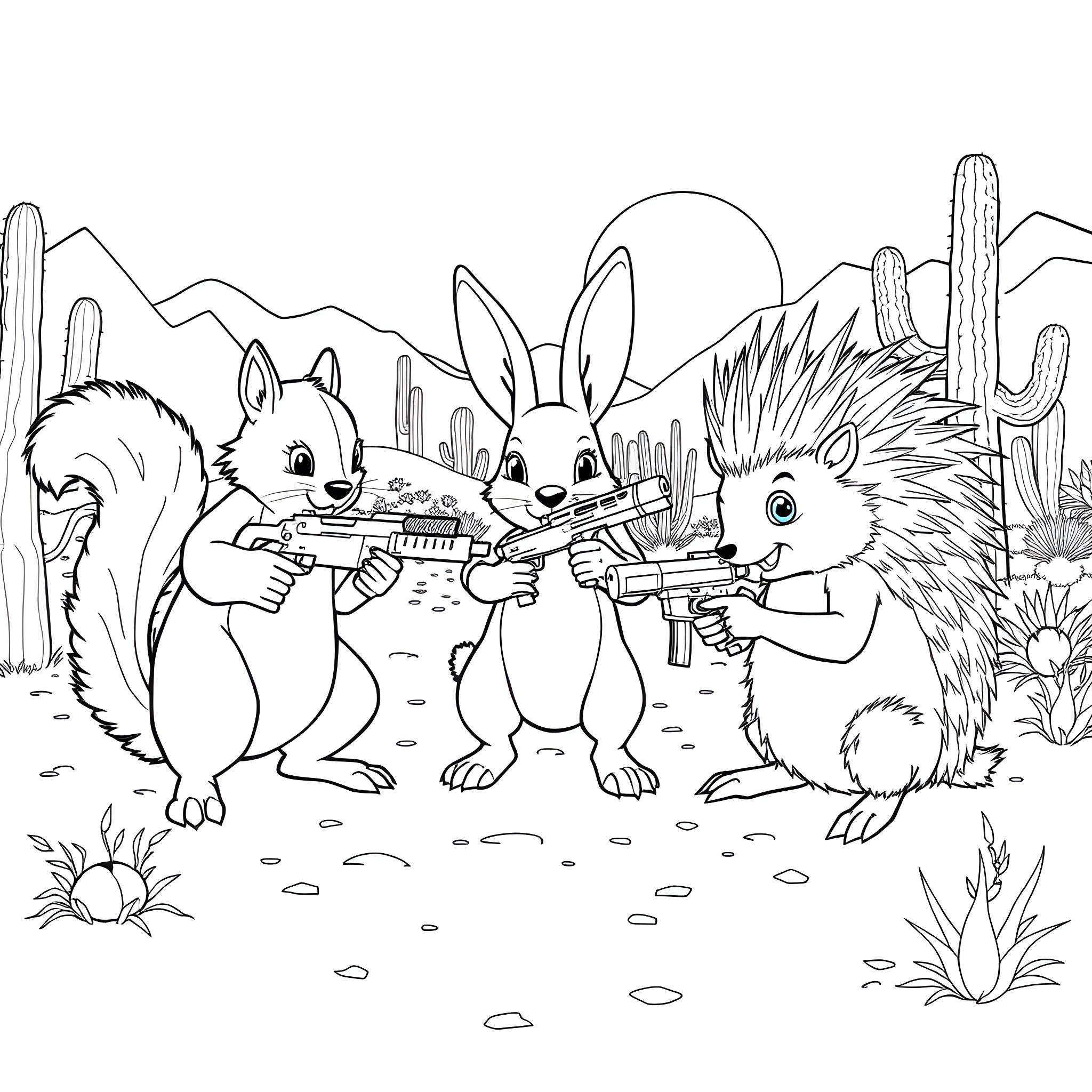 Squirrels playing with toy guns in desert landscape Coloring Page (free black-and-white line drawing printable PDF for all, from beginners to advanced learners, including children, teens, adults, and seniors)