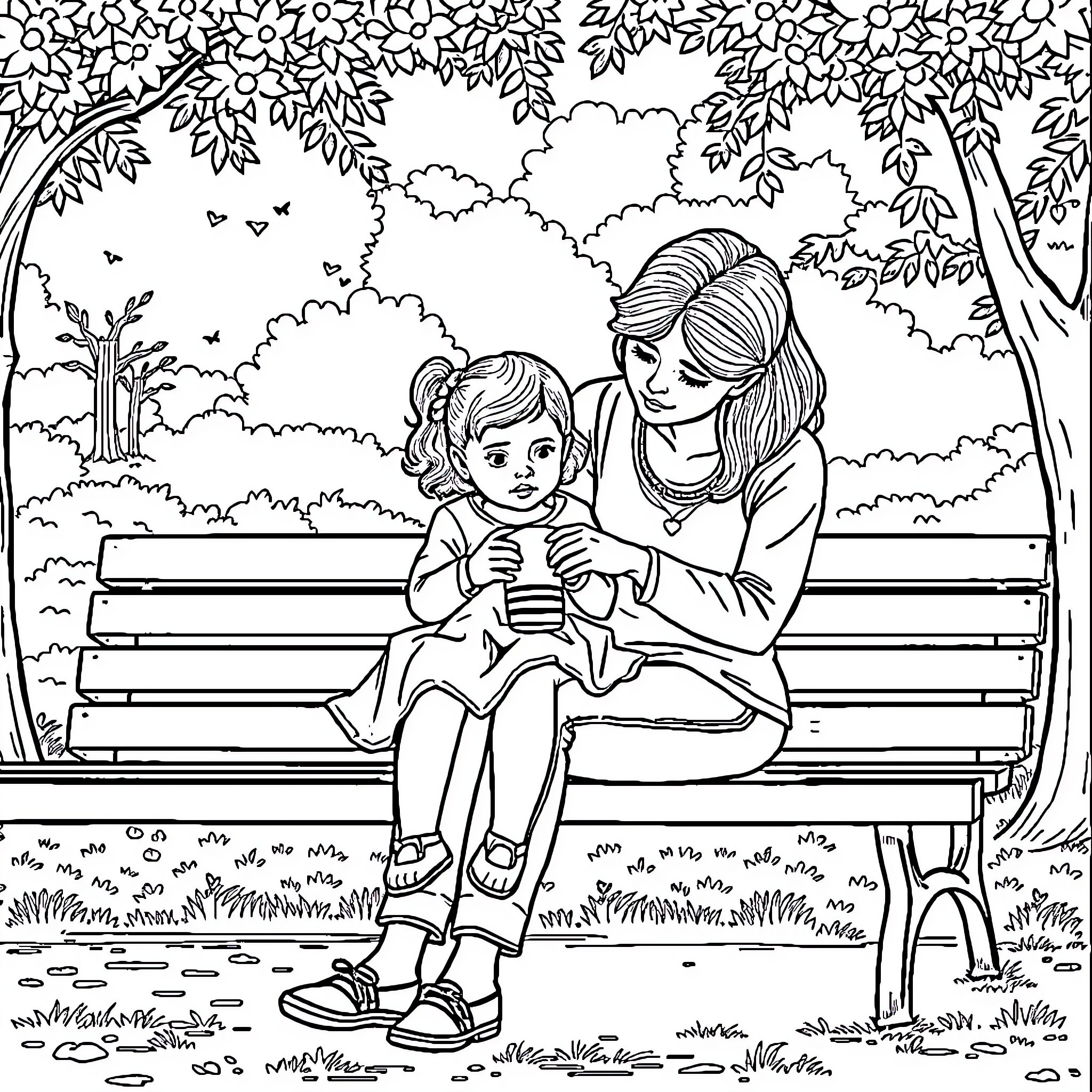 Mom comforting child in the park Coloring Page (free black-and-white line drawing printable PDF for all, from beginners to advanced learners, including children, teens, adults, and seniors)