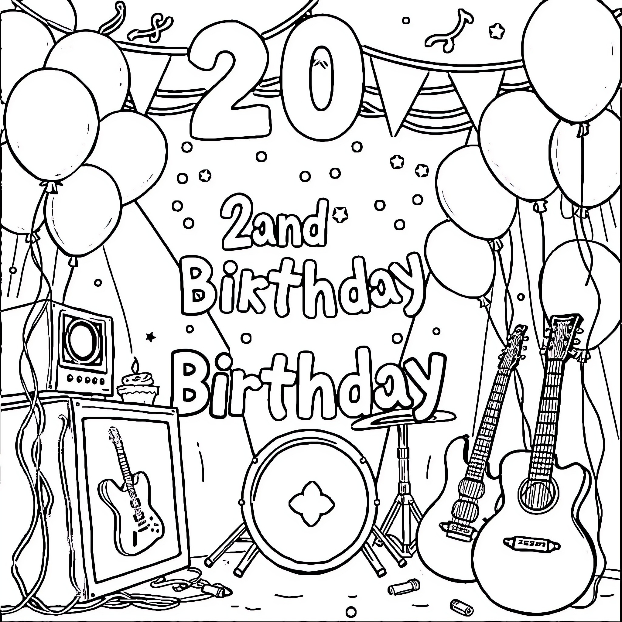 Rock n Roll 2nd Birthday Party Coloring Page (free black-and-white line drawing printable PDF for all, from beginners to advanced learners, including children, teens, adults, and seniors)
