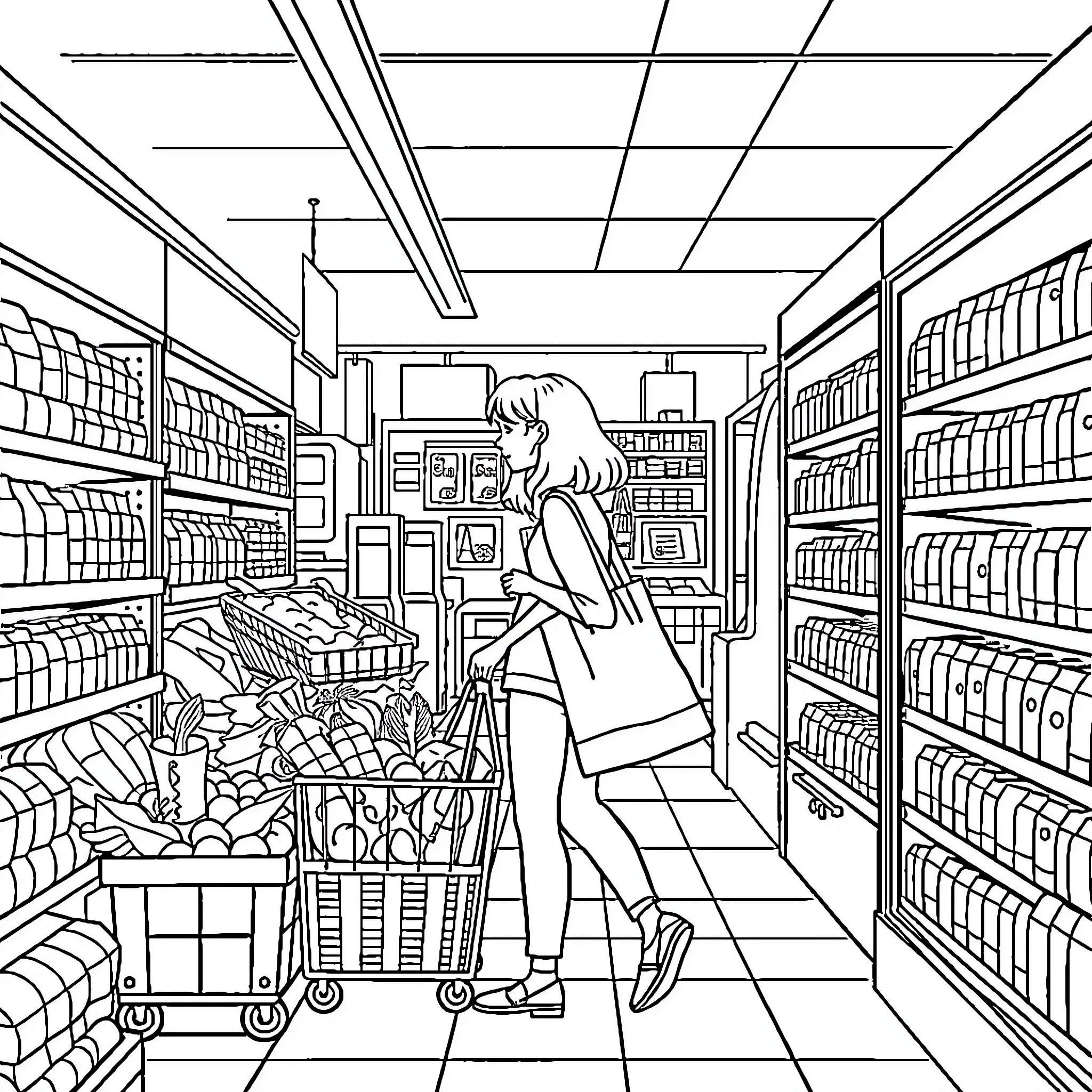 Person shopping in a grocery store Coloring Page (free black-and-white line drawing printable PDF for all, from beginners to advanced learners, including children, teens, adults, and seniors)