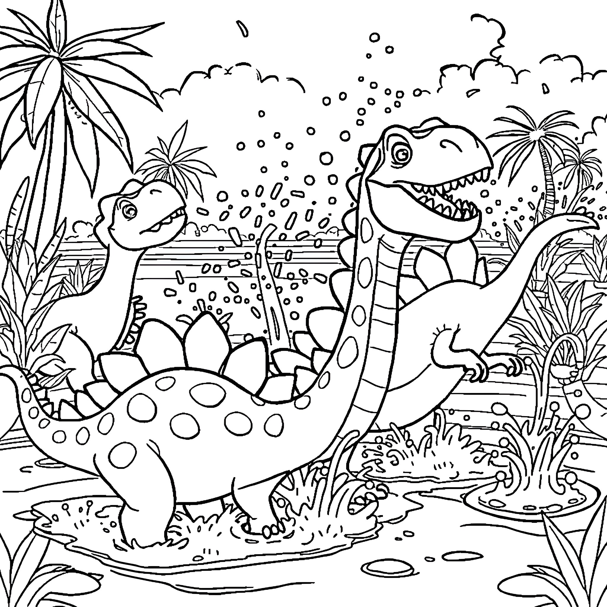 Dinosaurs playing in prehistoric landscape Coloring Page (free black-and-white line drawing printable PDF for all, from beginners to advanced learners, including children, teens, adults, and seniors)