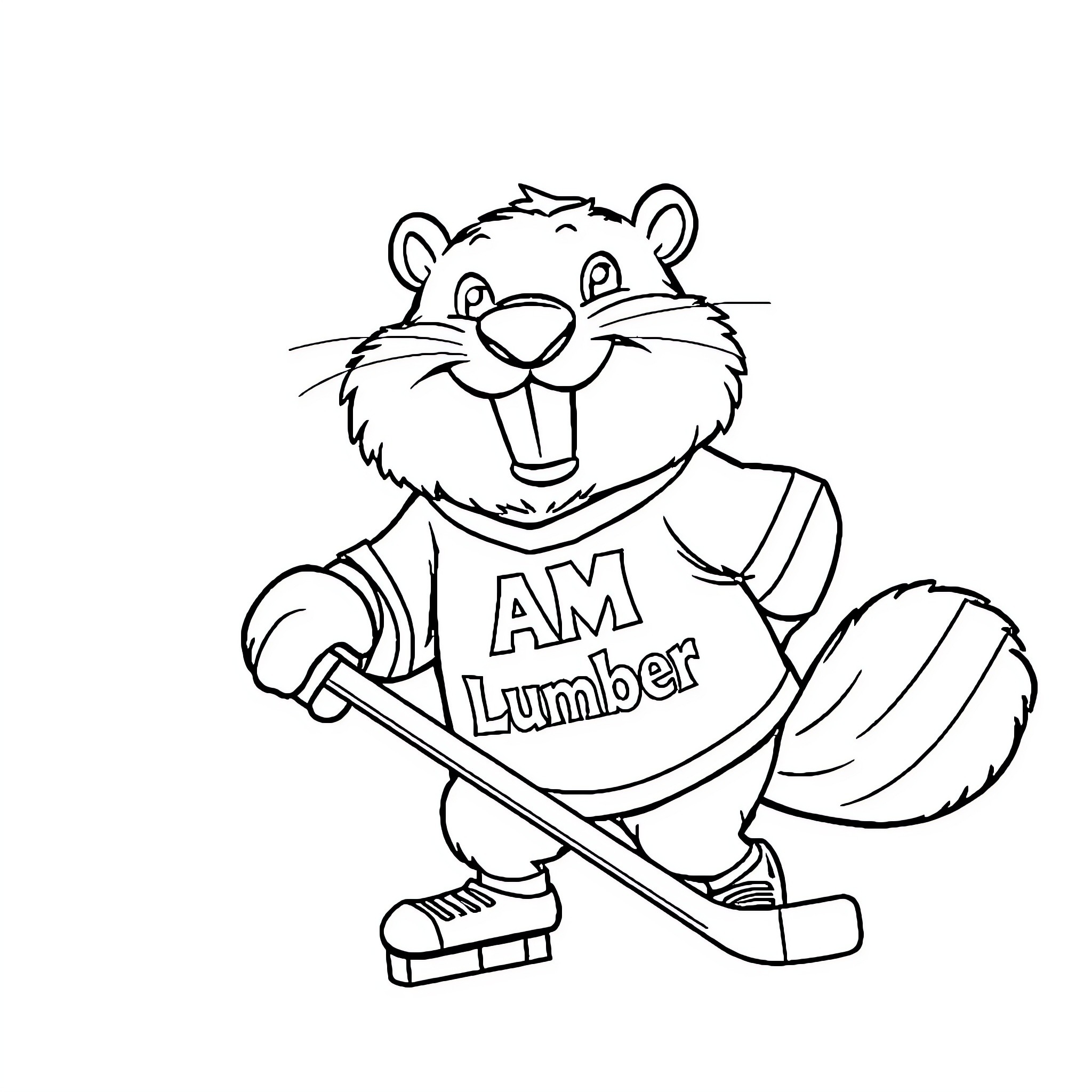 Beaver wearing AM Lumber shirt and holding a tool Coloring Page (free black-and-white line drawing printable PDF for all, from beginners to advanced learners, including children, teens, adults, and seniors)