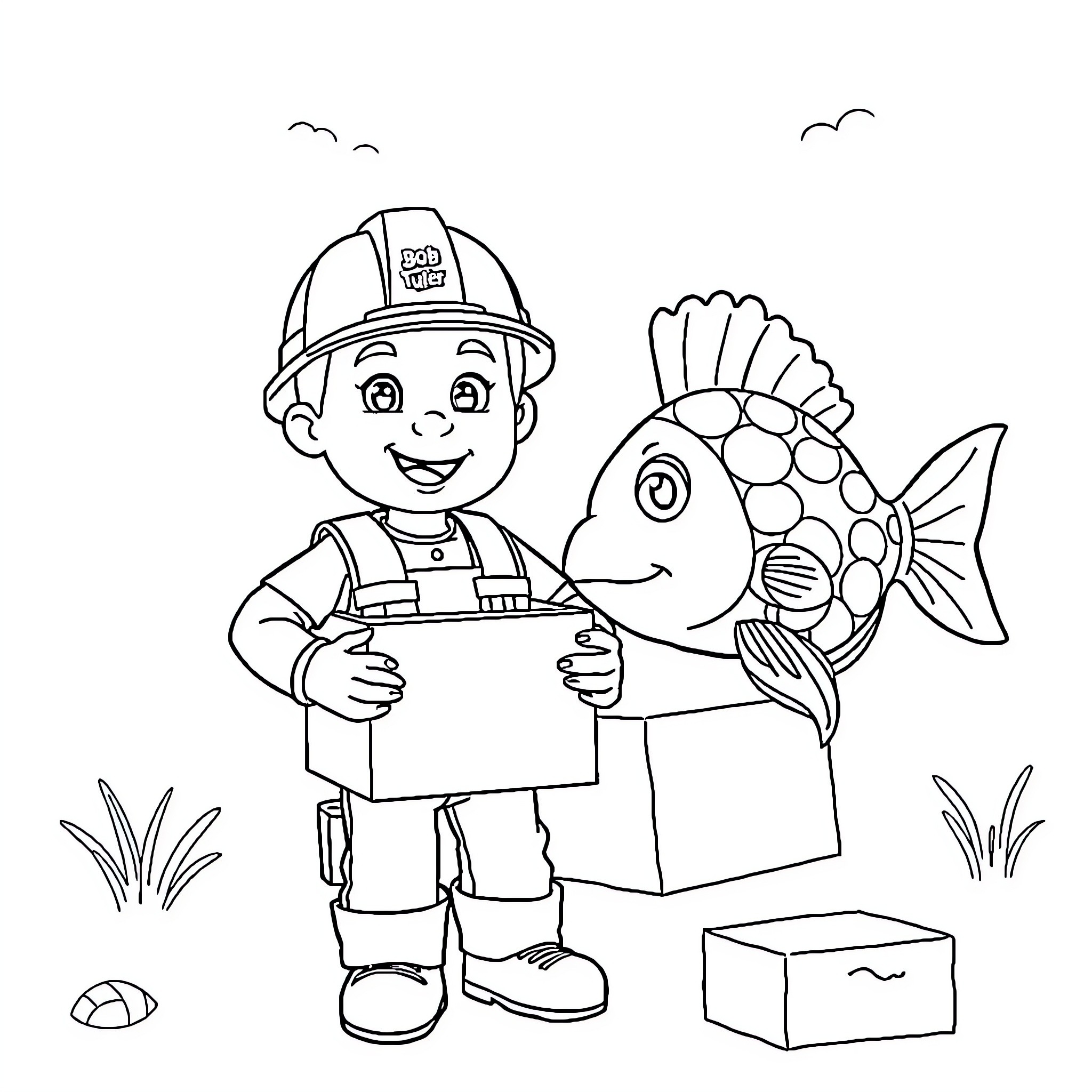 Bob the Builder working with a friendly fish Coloring Page (free black-and-white line drawing printable PDF for all, from beginners to advanced learners, including children, teens, adults, and seniors)