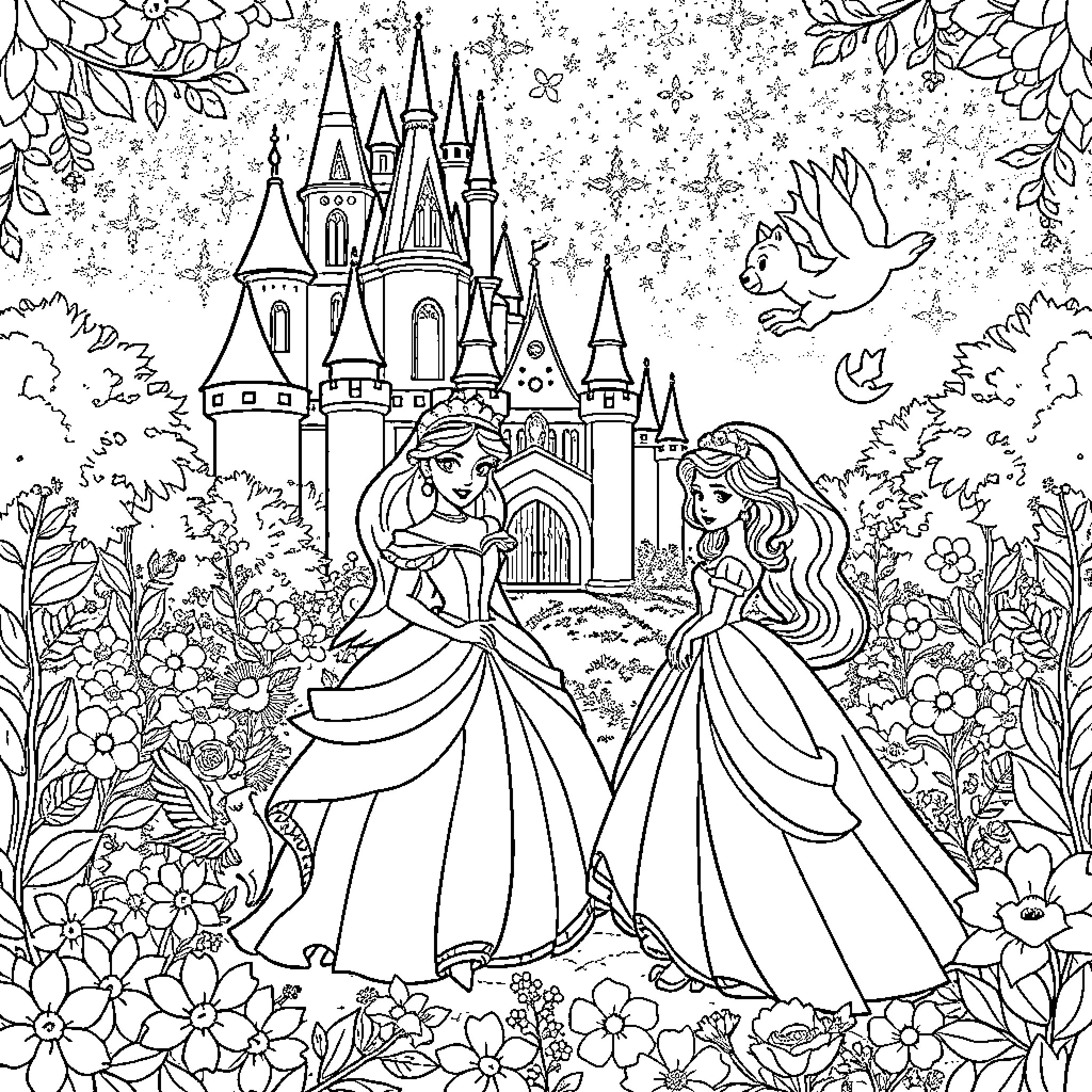 Princess Enjoying Elegant Formal Dance in Castle Garden Coloring Page (free black-and-white line drawing printable PDF for all, from beginners to advanced learners, including children, teens, adults, and seniors)