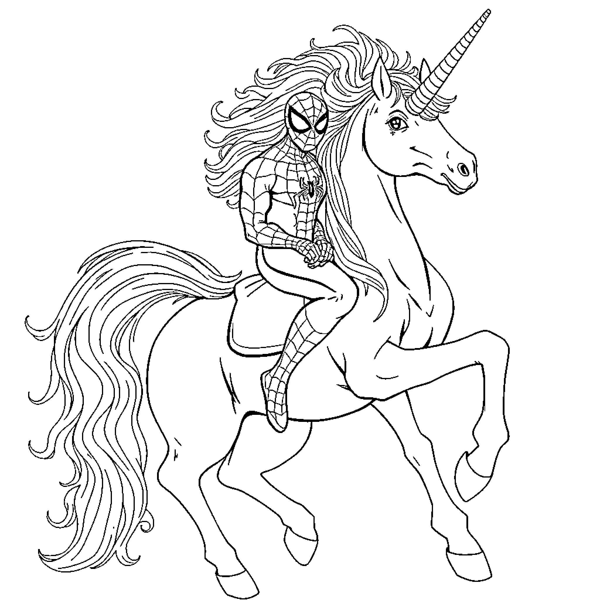 Spider-Man riding a magical unicorn Coloring Page (free black-and-white line drawing printable PDF for all, from beginners to advanced learners, including children, teens, adults, and seniors)