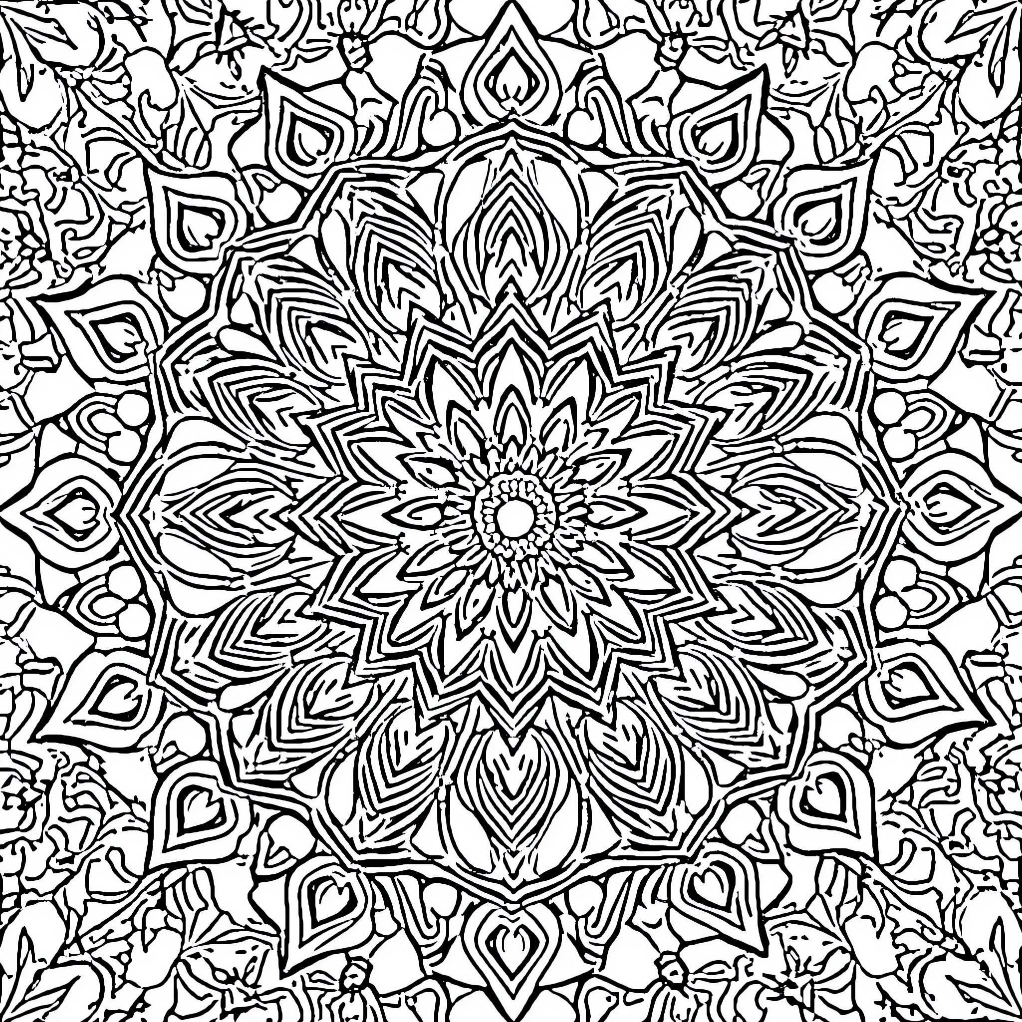 Mandala of intricate floral patterns Coloring Page (free black-and-white line drawing printable PDF for all, from beginners to advanced learners, including children, teens, adults, and seniors)