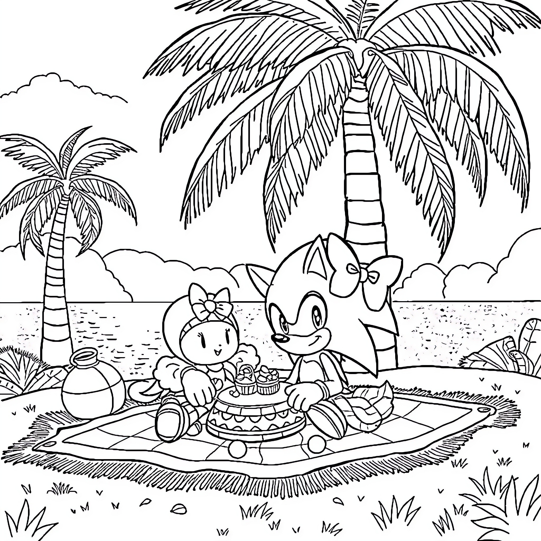 Sonic and friends enjoying a picnic on the beach Coloring Page (free black-and-white line drawing printable PDF for all, from beginners to advanced learners, including children, teens, adults, and seniors)