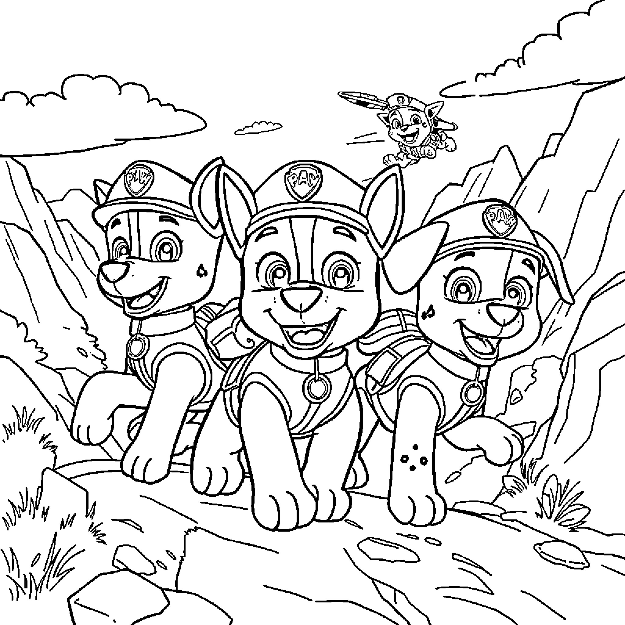 Paw Patrol Pups on an Outdoor Adventure Coloring Page (free black-and-white line drawing printable PDF for all, from beginners to advanced learners, including children, teens, adults, and seniors)