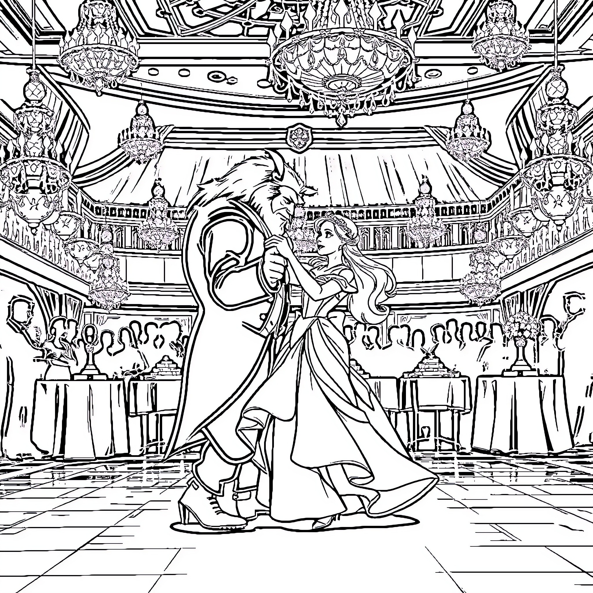 Beauty And The Beast Dancing In A Lavish Ballroom Coloring Page (free black-and-white line drawing printable PDF for all, from beginners to advanced learners, including children, teens, adults, and seniors)
