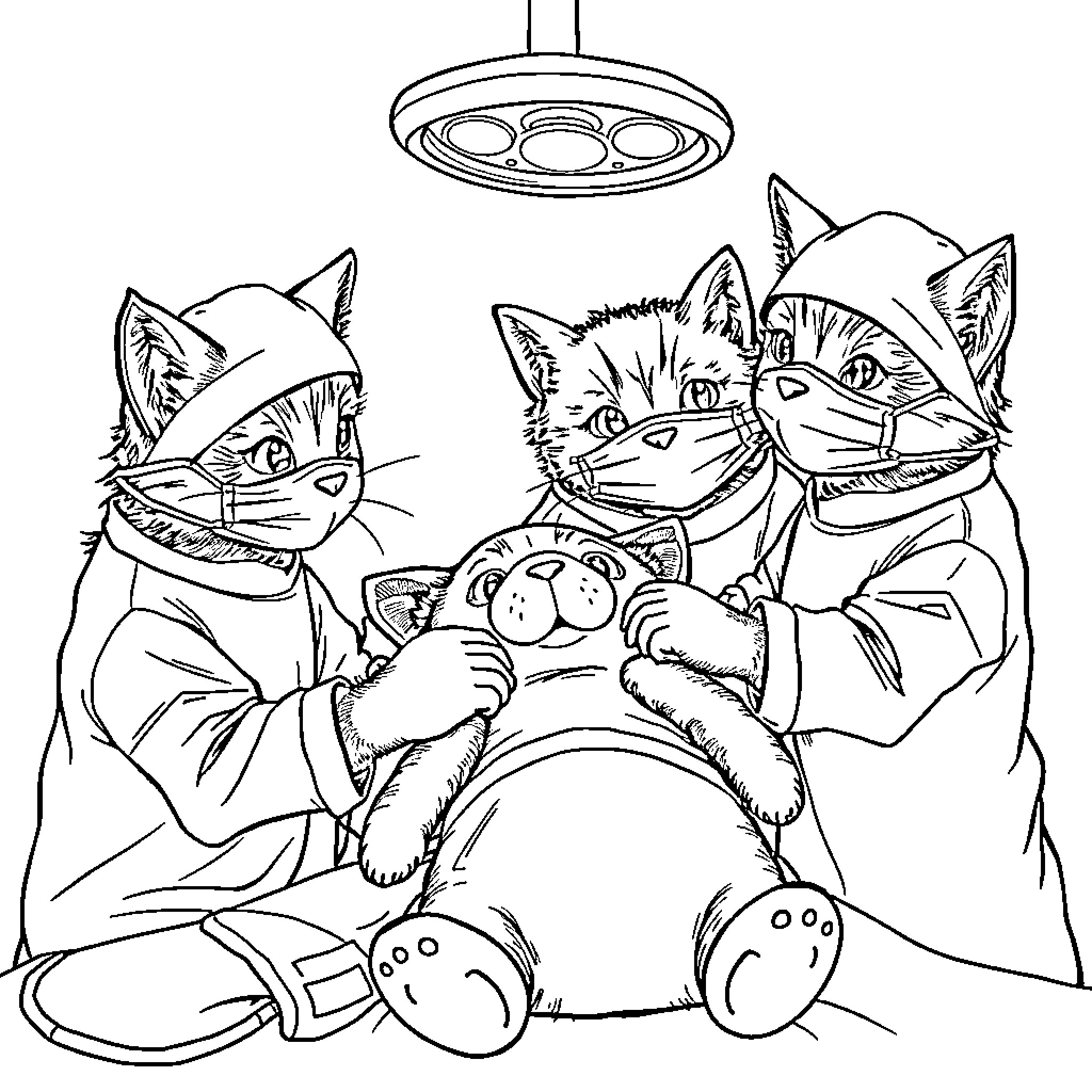 Cats Playing Doctor with a Patient Coloring Page (free black-and-white line drawing printable PDF for all, from beginners to advanced learners, including children, teens, adults, and seniors)