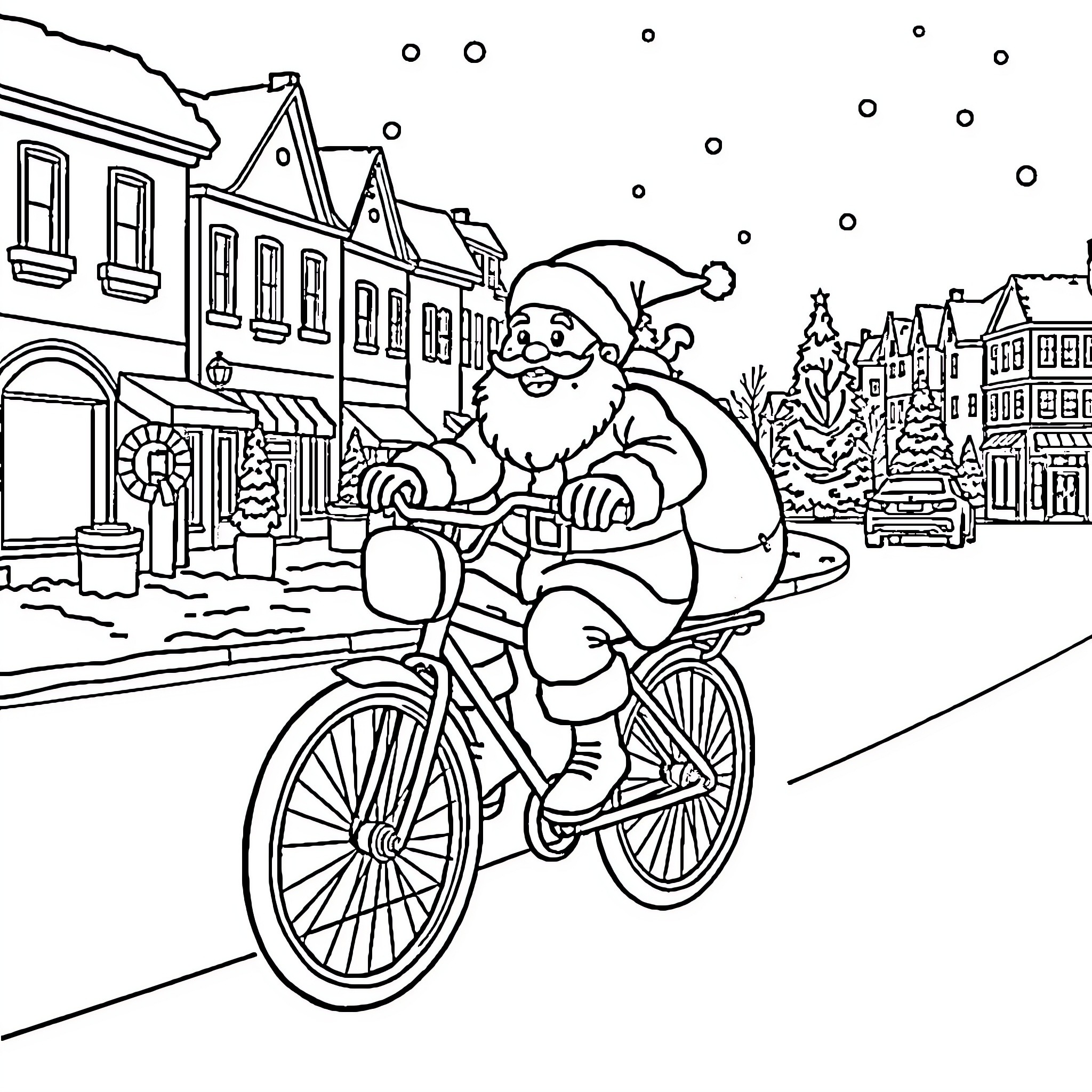 Santa riding bicycle through snowy town Coloring Page (free black-and-white line drawing printable PDF for all, from beginners to advanced learners, including children, teens, adults, and seniors)