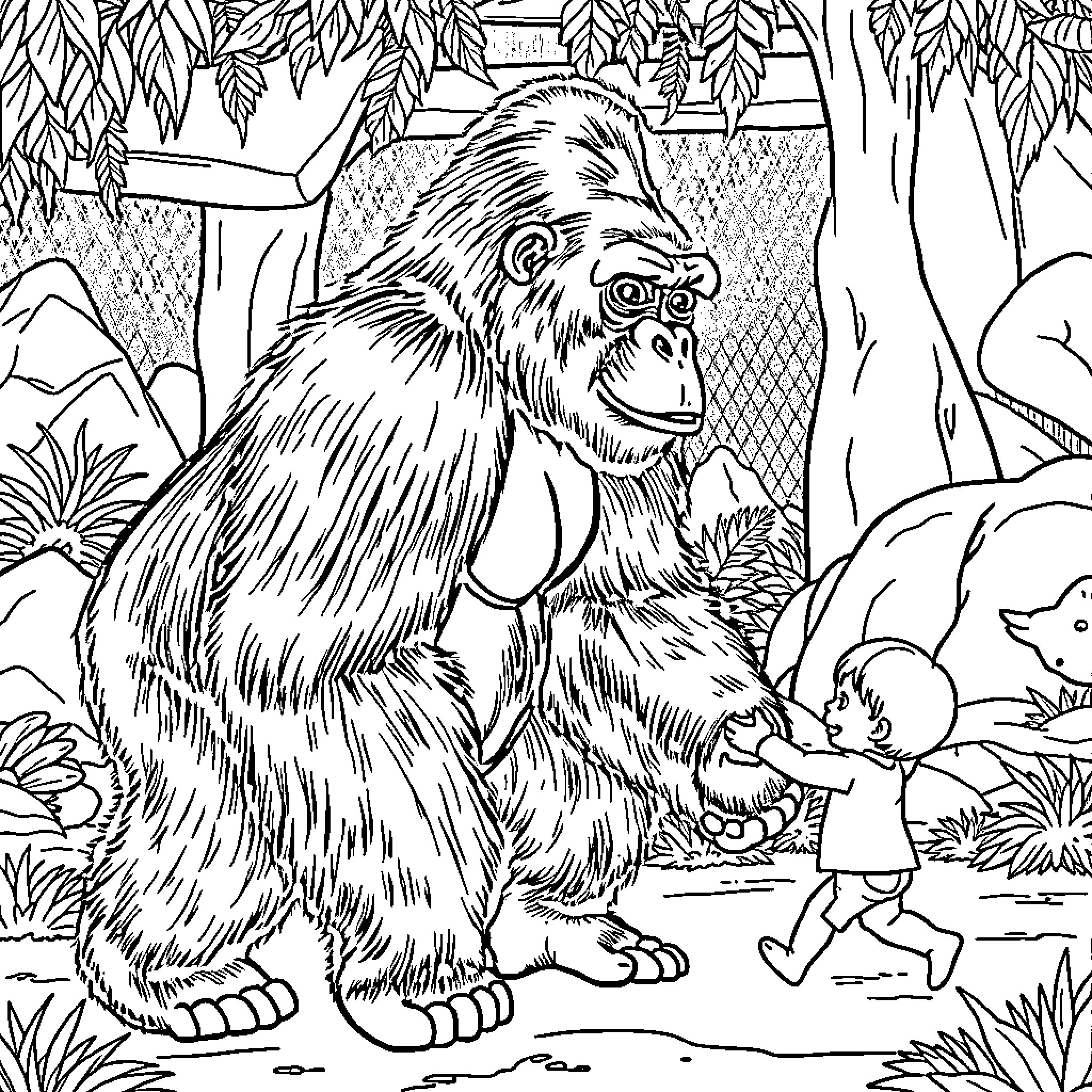Gorilla observing young person in the forest Coloring Page (free black-and-white line drawing printable PDF for all, from beginners to advanced learners, including children, teens, adults, and seniors)
