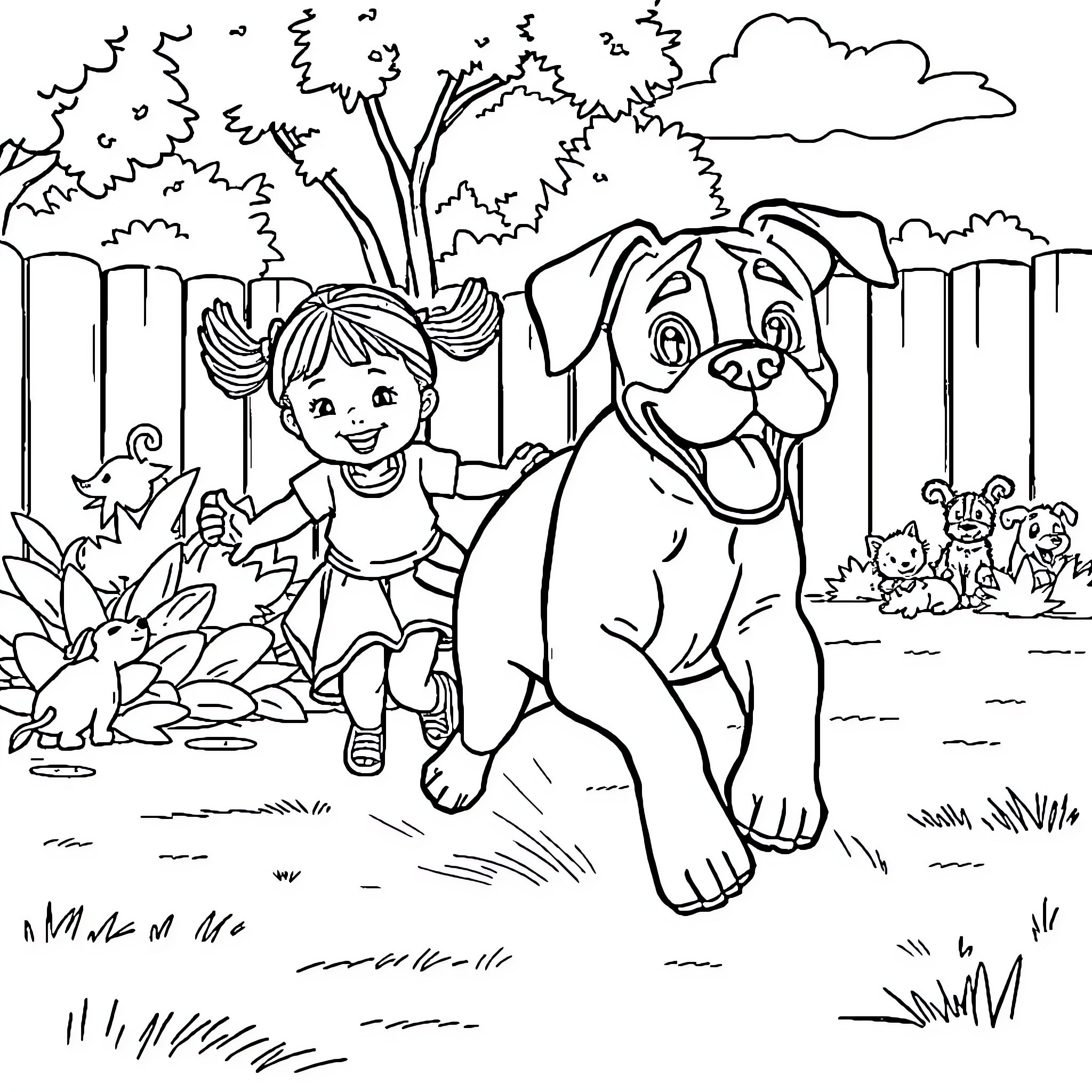 Boxer playing joyfully with adorable puppy in nature Coloring Page (free black-and-white line drawing printable PDF for all, from beginners to advanced learners, including children, teens, adults, and seniors)