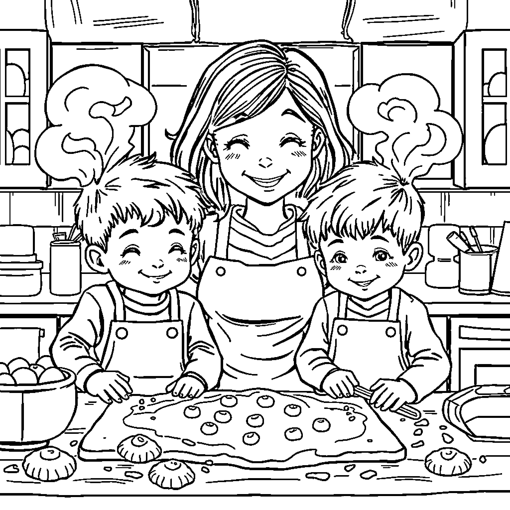 Mom baking with her children in the kitchen Coloring Page (free black-and-white line drawing printable PDF for all, from beginners to advanced learners, including children, teens, adults, and seniors)