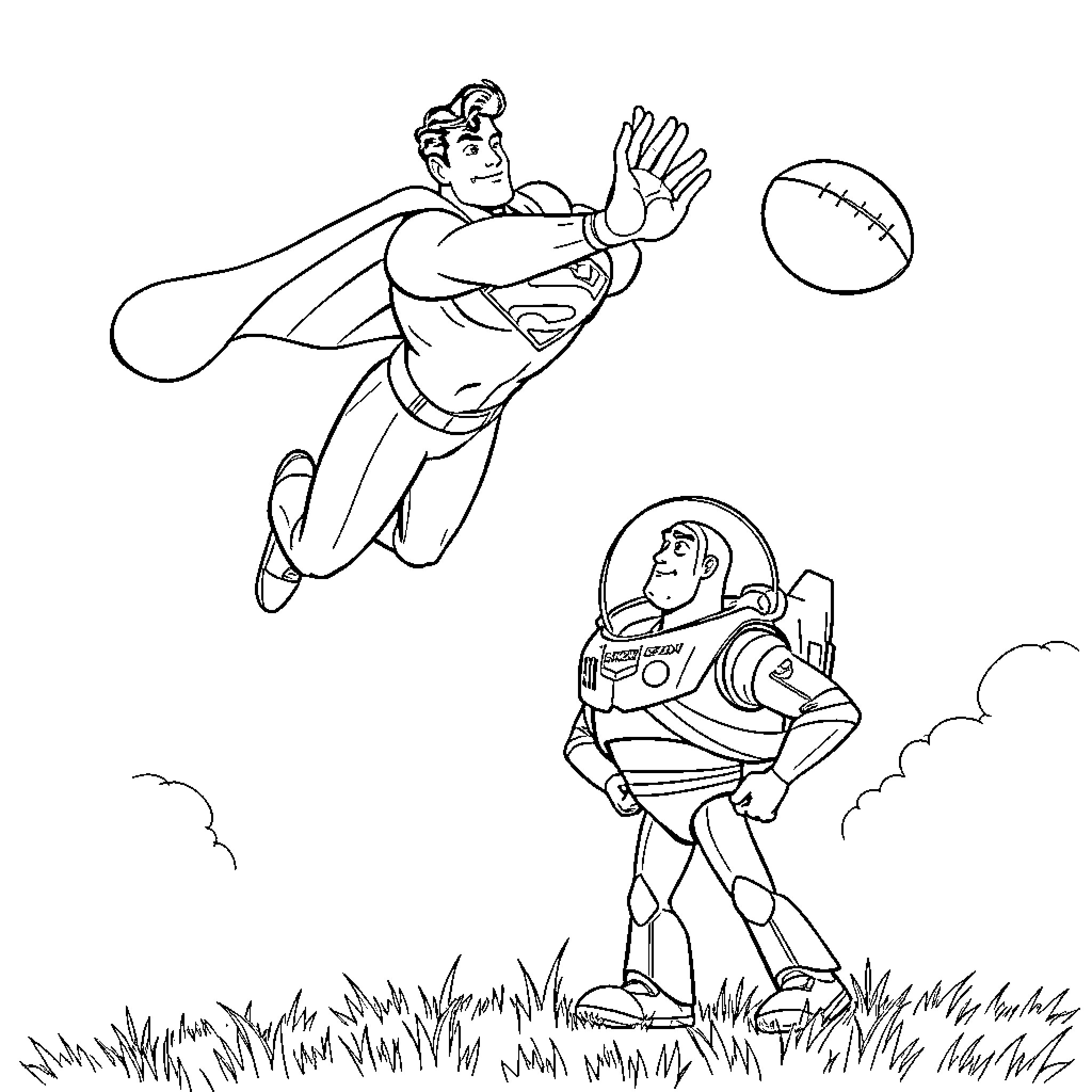 Superman soaring with determination and Buzz Lightyear standing tall Coloring Page (free black-and-white line drawing printable PDF for all, from beginners to advanced learners, including children, teens, adults, and seniors)