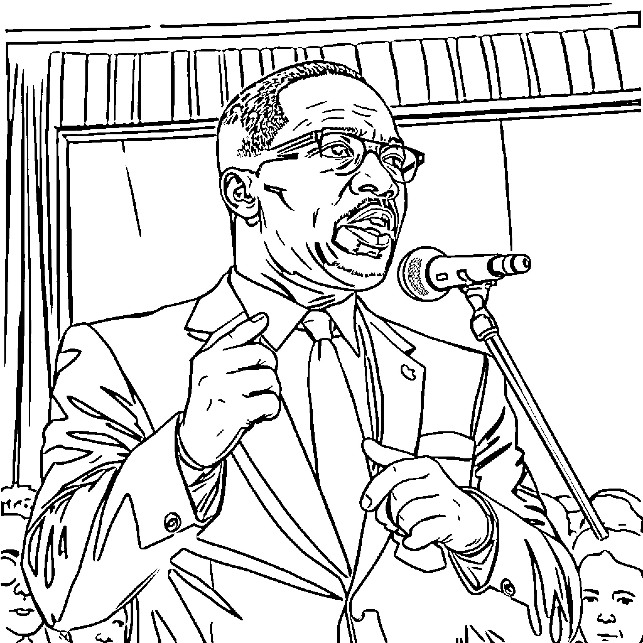 Malcolm X delivering a passionate speech Coloring Page (free black-and-white line drawing printable PDF for all, from beginners to advanced learners, including children, teens, adults, and seniors)
