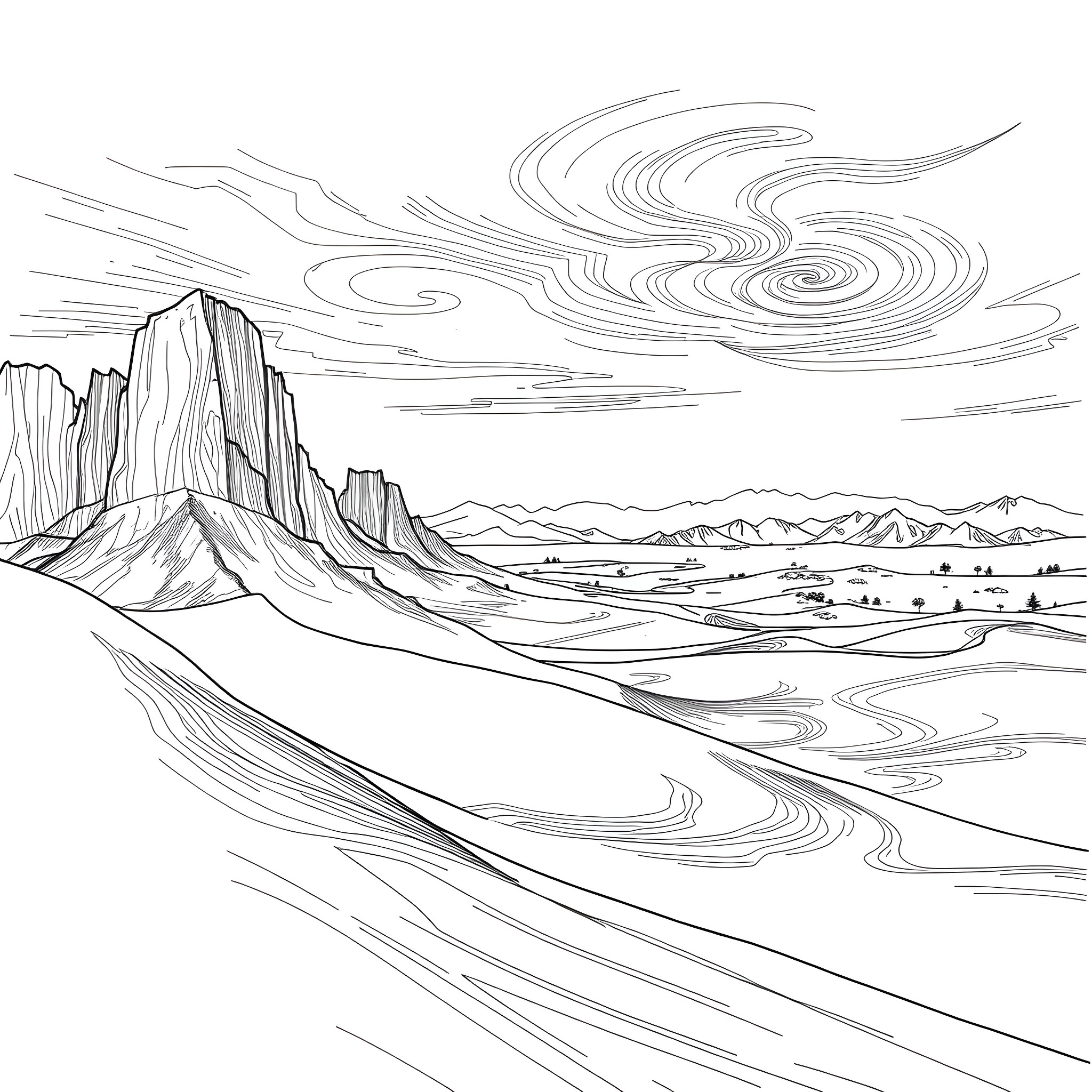 Nature's Vibrant Landscape Coloring Page (free black-and-white line drawing printable PDF for all, from beginners to advanced learners, including children, teens, adults, and seniors)