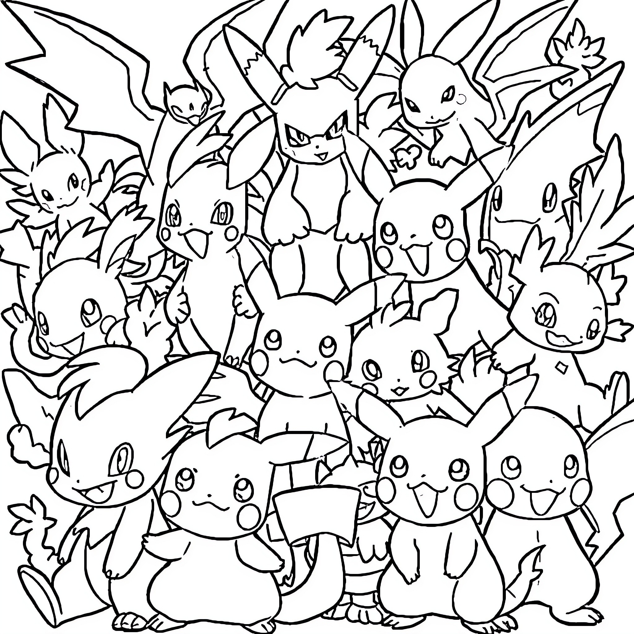 Pokémon characters gathered in a scene Coloring Page (free black-and-white line drawing printable PDF for all, from beginners to advanced learners, including children, teens, adults, and seniors)