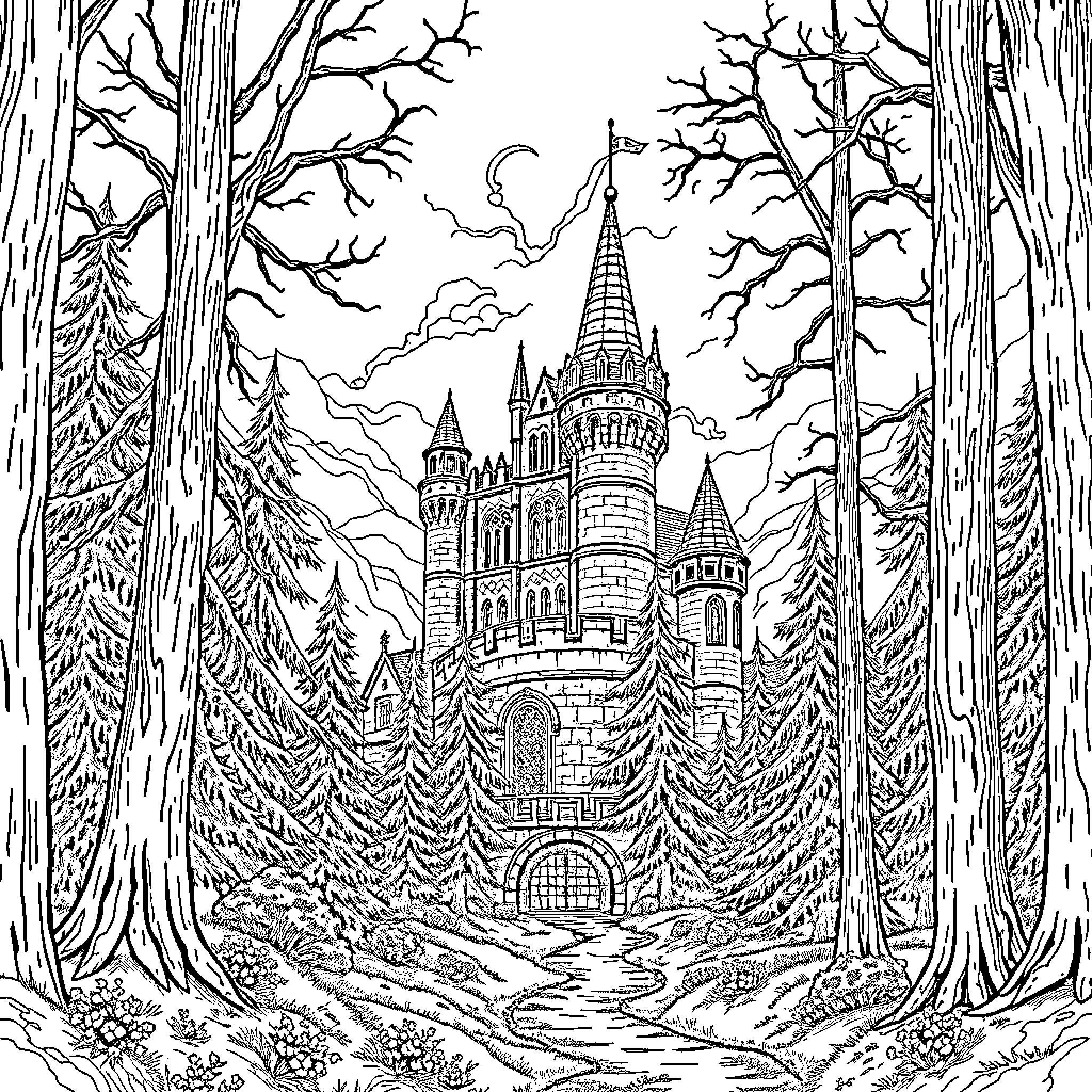 Castle in the Enchanted Forest Coloring Page (free black-and-white line drawing printable PDF for all, from beginners to advanced learners, including children, teens, adults, and seniors)