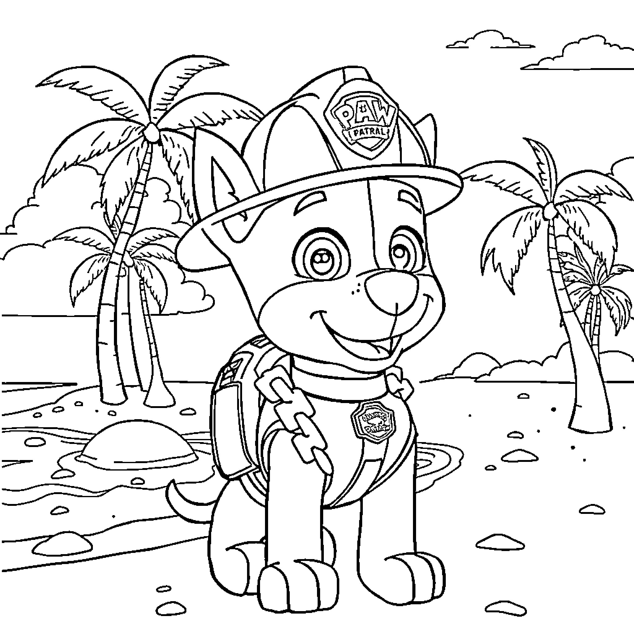 Firefighter puppy on a tropical beach adventure Coloring Page (free black-and-white line drawing printable PDF for all, from beginners to advanced learners, including children, teens, adults, and seniors)