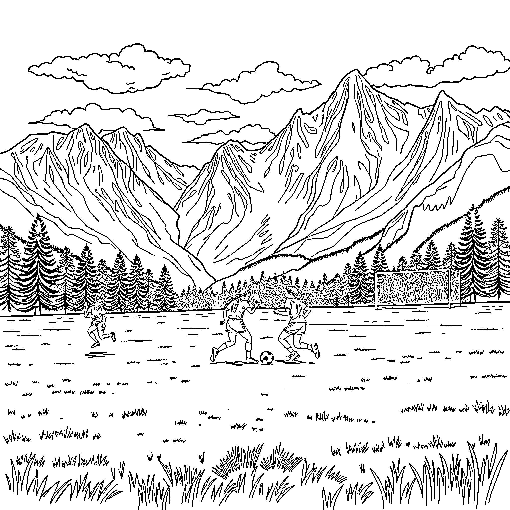 Soccer players in a scenic mountain landscape Coloring Page (free black-and-white line drawing printable PDF for all, from beginners to advanced learners, including children, teens, adults, and seniors)