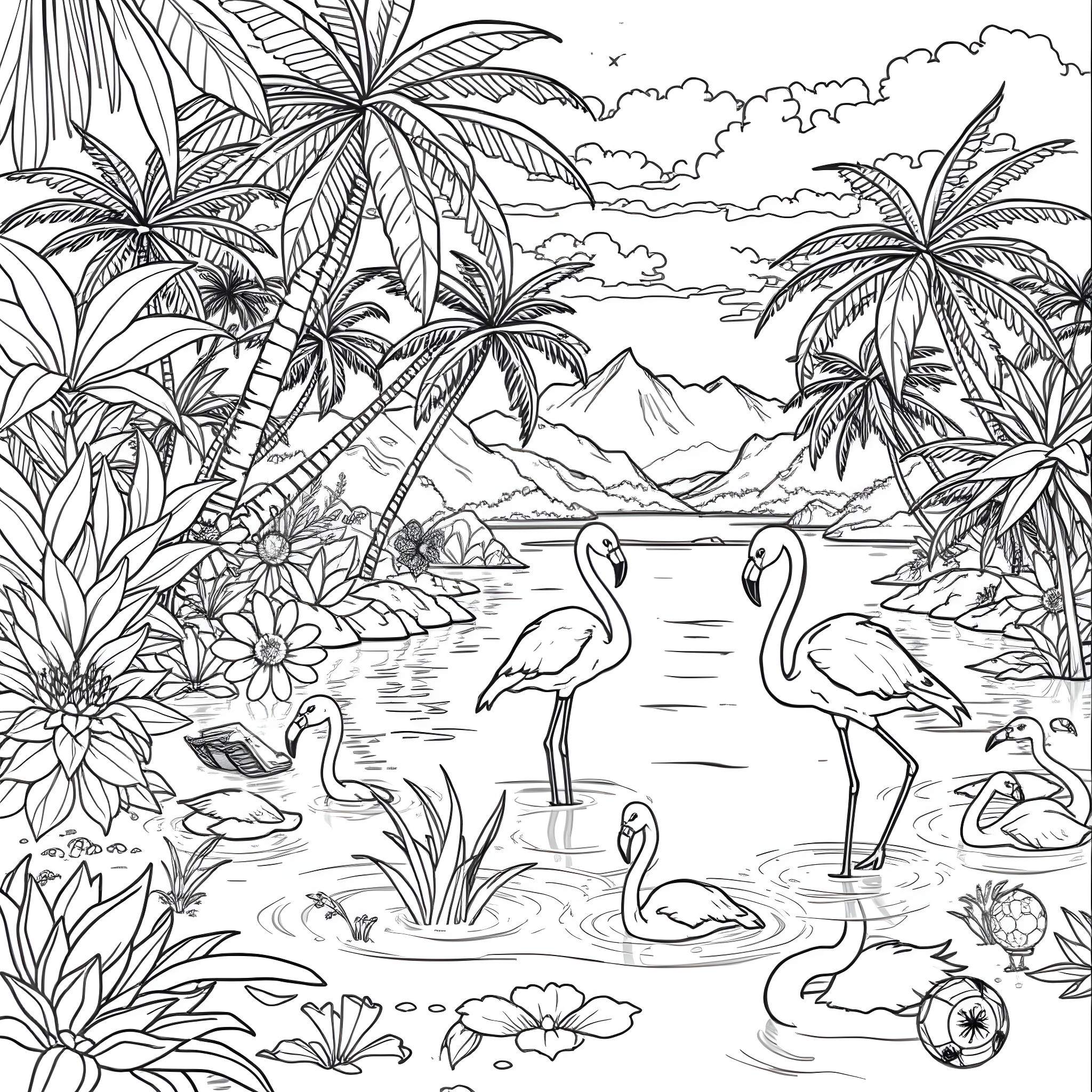Dragonball Tropical Landscape with Flamingos Coloring Page (free black-and-white line drawing printable PDF for all, from beginners to advanced learners, including children, teens, adults, and seniors)