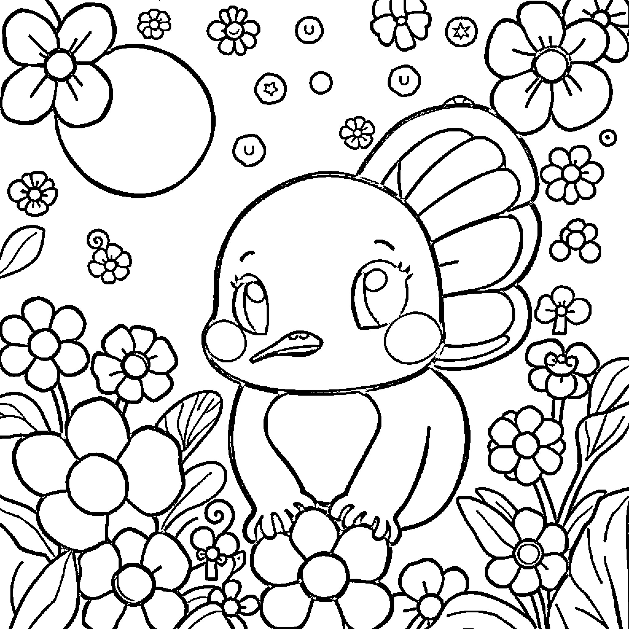 Bluey's Floral Adventure Coloring Page (free black-and-white line drawing printable PDF for all, from beginners to advanced learners, including children, teens, adults, and seniors)