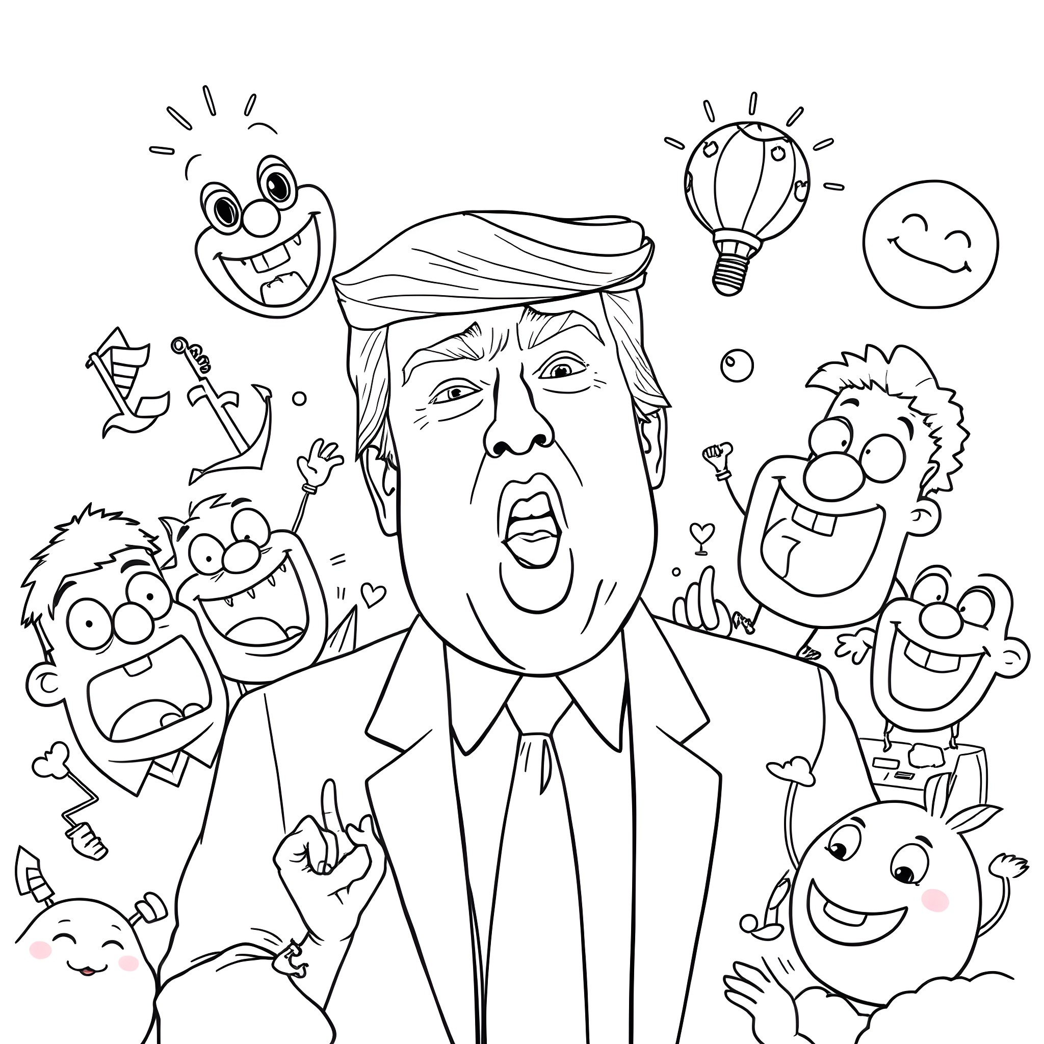 Donald Trump surrounded by colorful cartoon characters Coloring Page (free black-and-white line drawing printable PDF for all, from beginners to advanced learners, including children, teens, adults, and seniors)