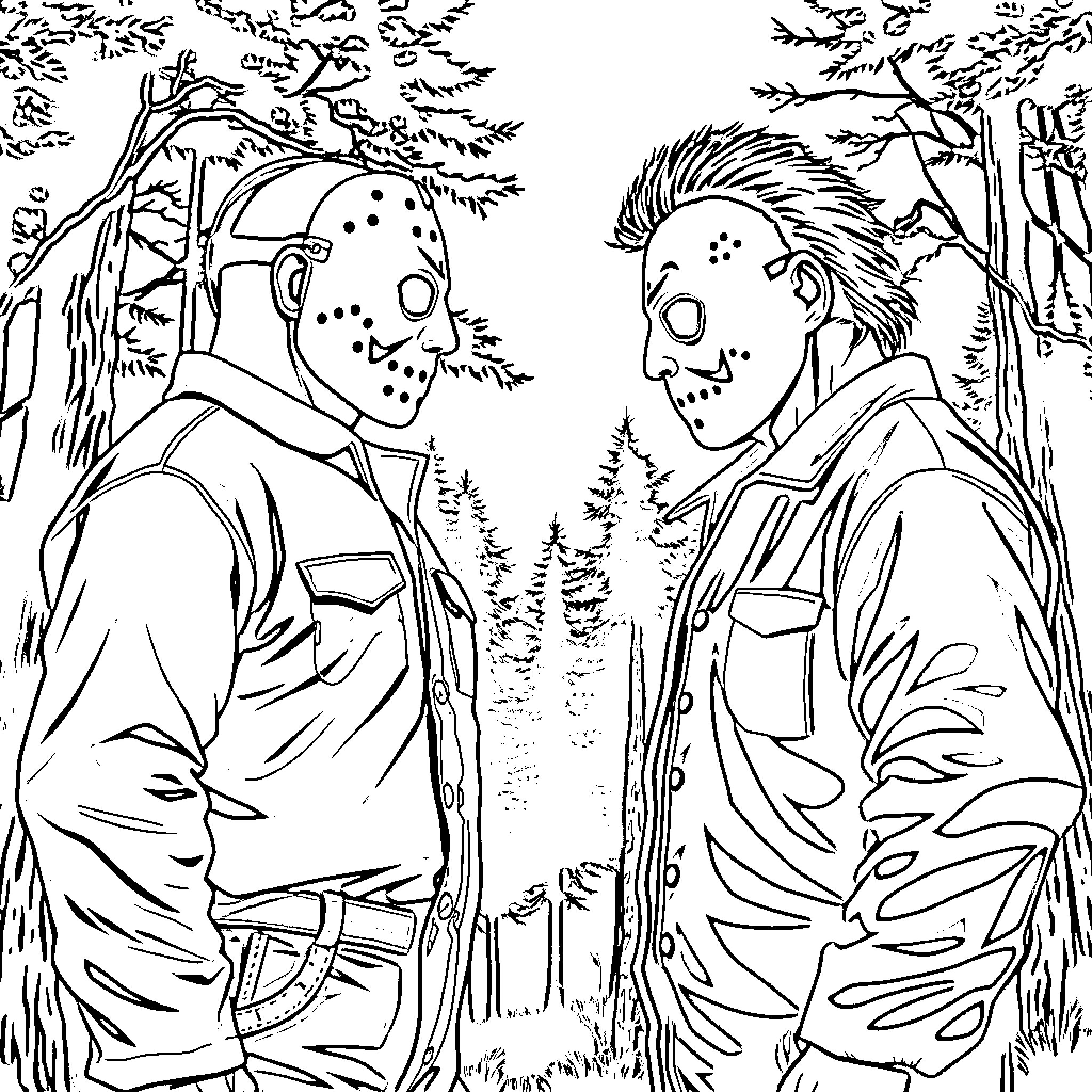 Jason vs Michael in the Spooky Forest Coloring Page (free black-and-white line drawing printable PDF for all, from beginners to advanced learners, including children, teens, adults, and seniors)