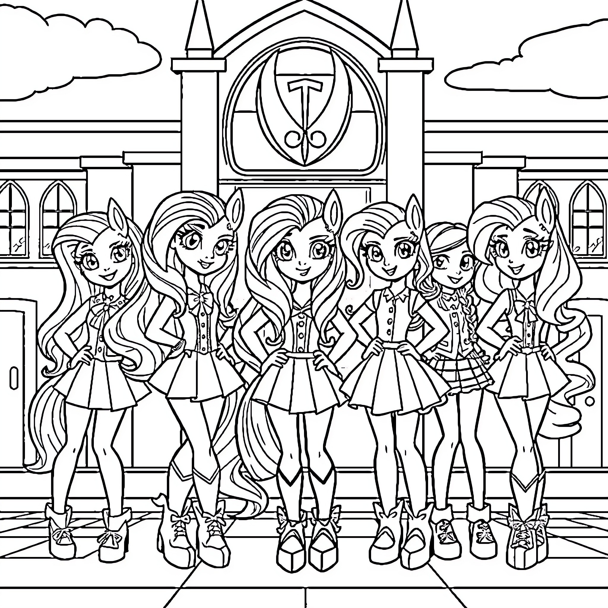 Pony friends posing together at school Coloring Page (free black-and-white line drawing printable PDF for all, from beginners to advanced learners, including children, teens, adults, and seniors)