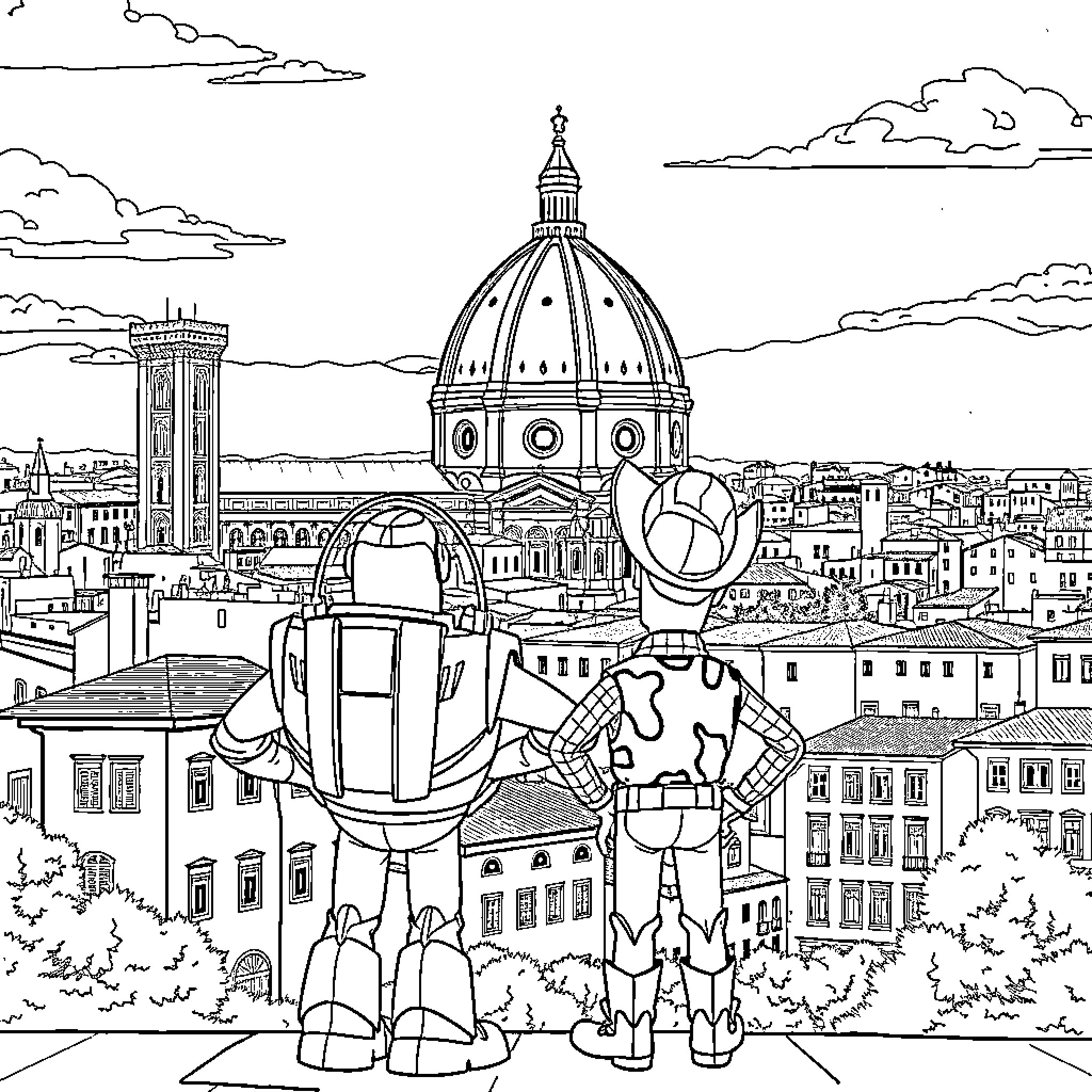 Buzz and Woody exploring the historic city skyline Coloring Page (free black-and-white line drawing printable PDF for all, from beginners to advanced learners, including children, teens, adults, and seniors)
