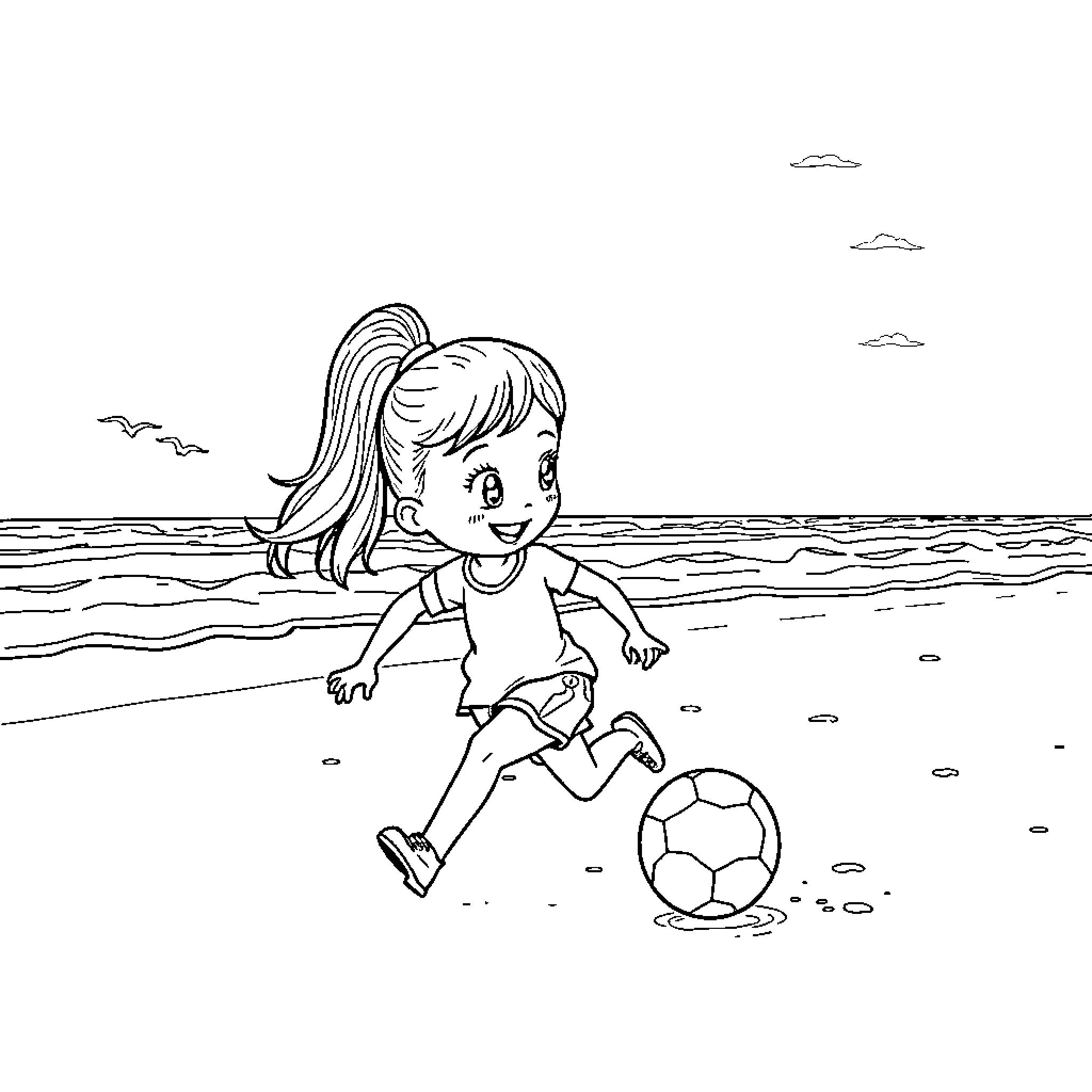 Labubu playing with ball on the beach Coloring Page (free black-and-white line drawing printable PDF for all, from beginners to advanced learners, including children, teens, adults, and seniors)