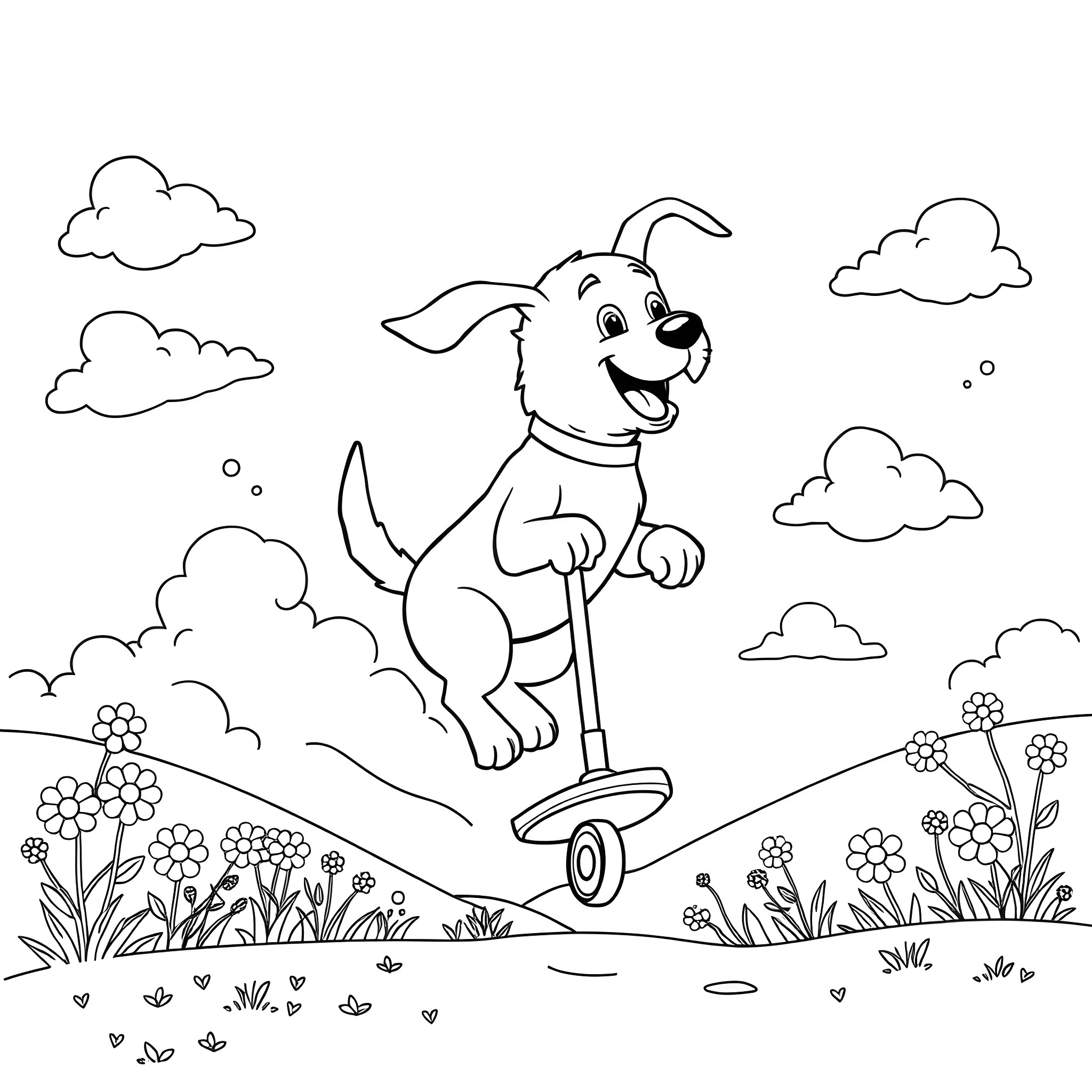 Dog riding a hoverboard in a flowery field Coloring Page (free black-and-white line drawing printable PDF for all, from beginners to advanced learners, including children, teens, adults, and seniors)