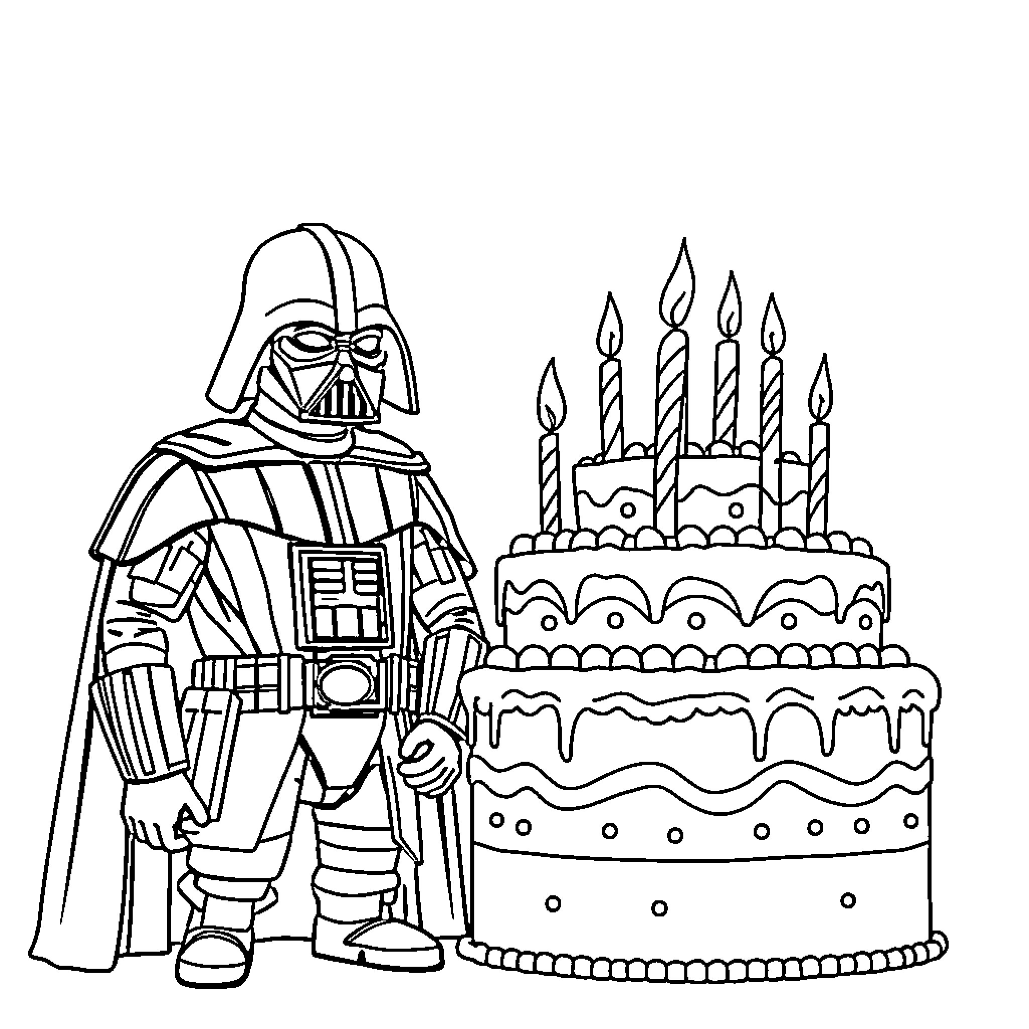 Darth Vader celebrating birthday with cake Coloring Page (free black-and-white line drawing printable PDF for all, from beginners to advanced learners, including children, teens, adults, and seniors)