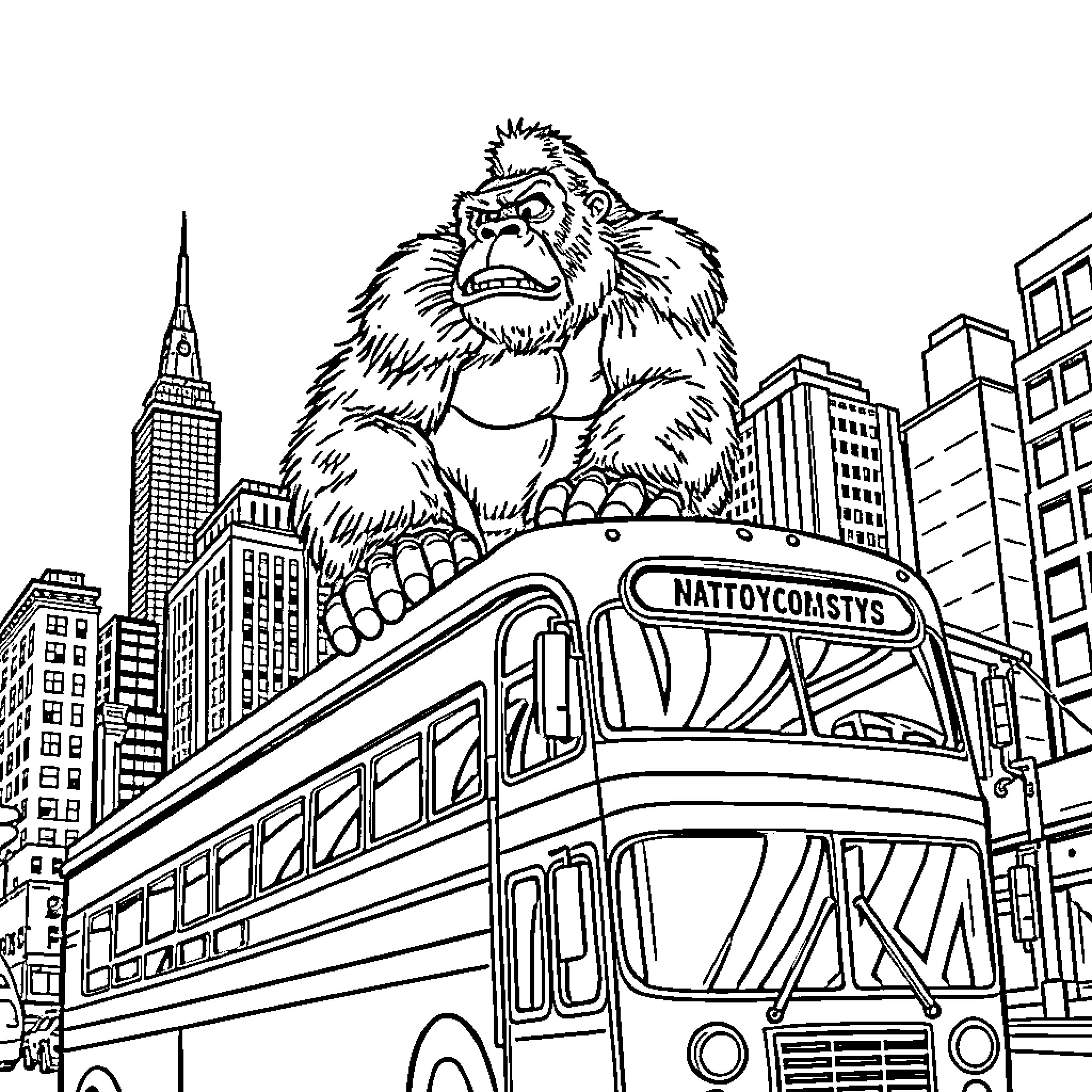 King Kong towering over a city bus in a bustling urban setting Coloring Page (free black-and-white line drawing printable PDF for all, from beginners to advanced learners, including children, teens, adults, and seniors)