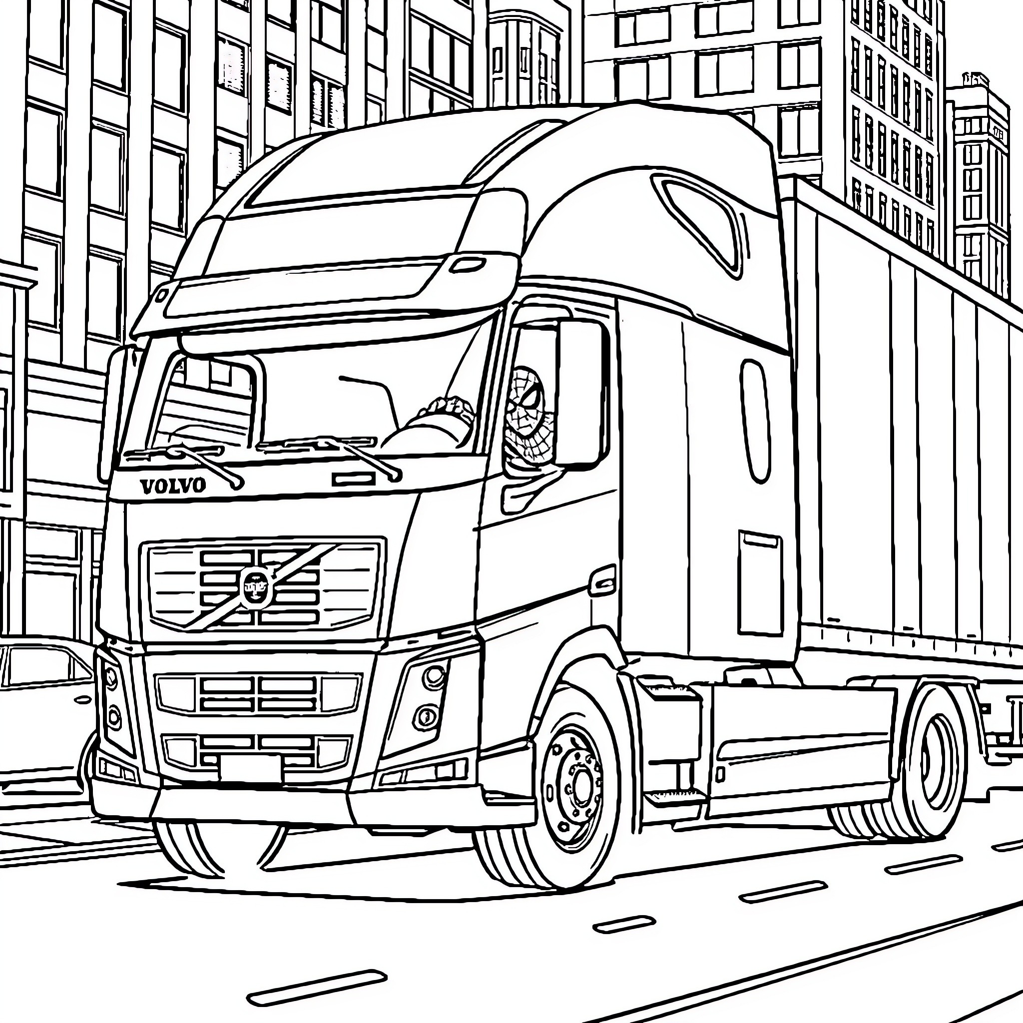 Spiderman driving a large Volvo truck through the city Coloring Page (free black-and-white line drawing printable PDF for all, from beginners to advanced learners, including children, teens, adults, and seniors)