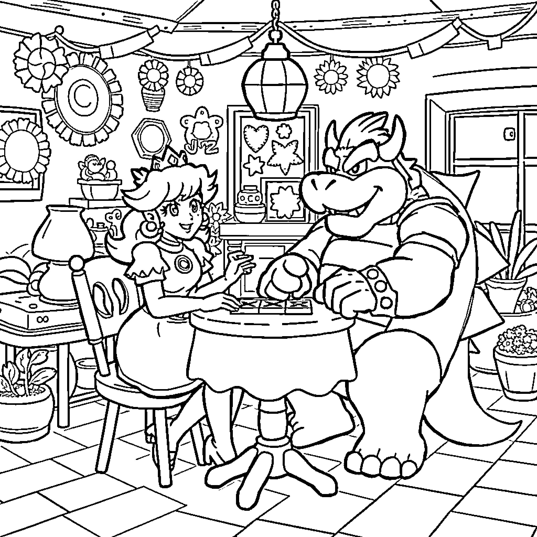 Princess Peach Enjoying a Festive Gathering with Friends Coloring Page (free black-and-white line drawing printable PDF for all, from beginners to advanced learners, including children, teens, adults, and seniors)