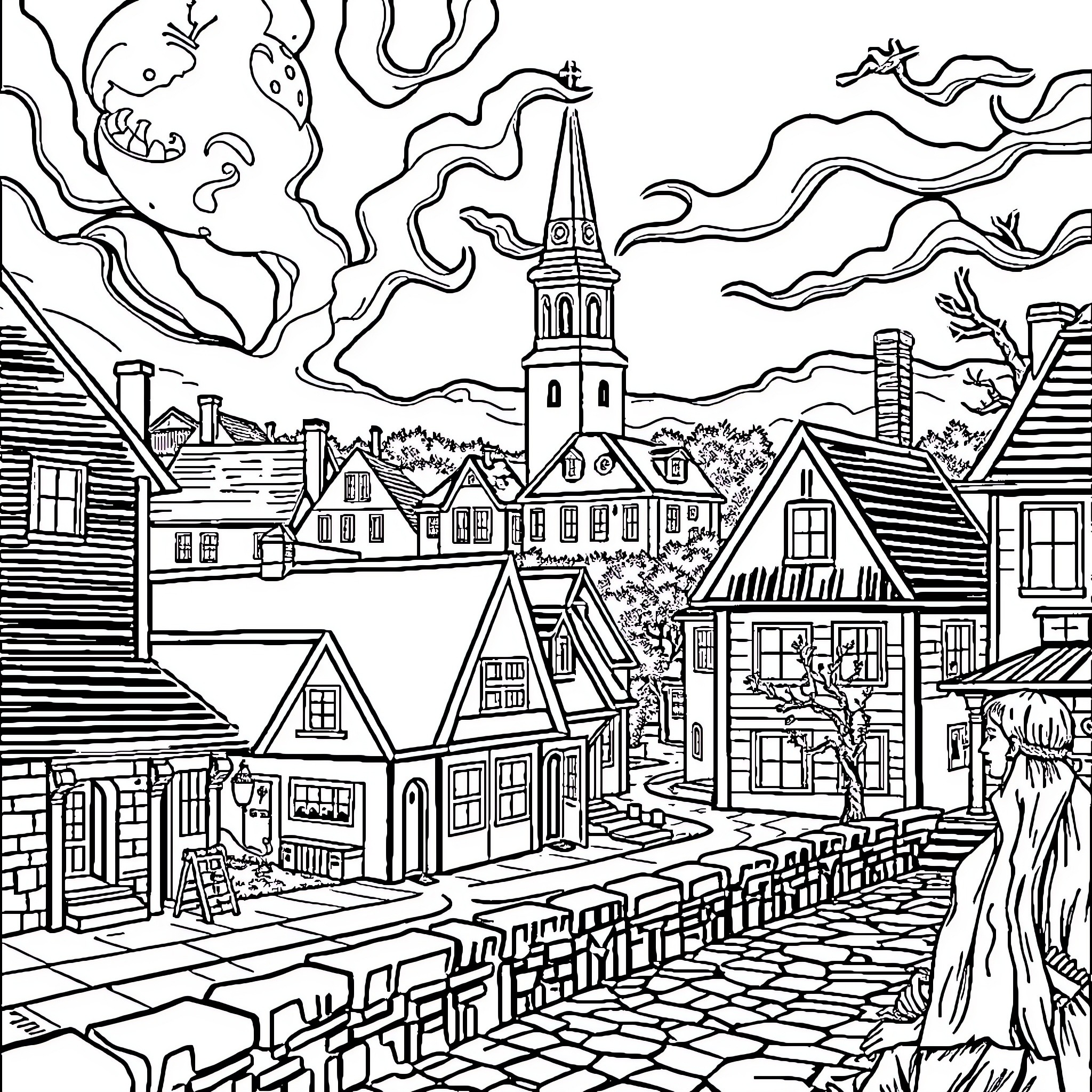 Salem: Historic Town with Haunting Scenery Coloring Page (free black-and-white line drawing printable PDF for all, from beginners to advanced learners, including children, teens, adults, and seniors)