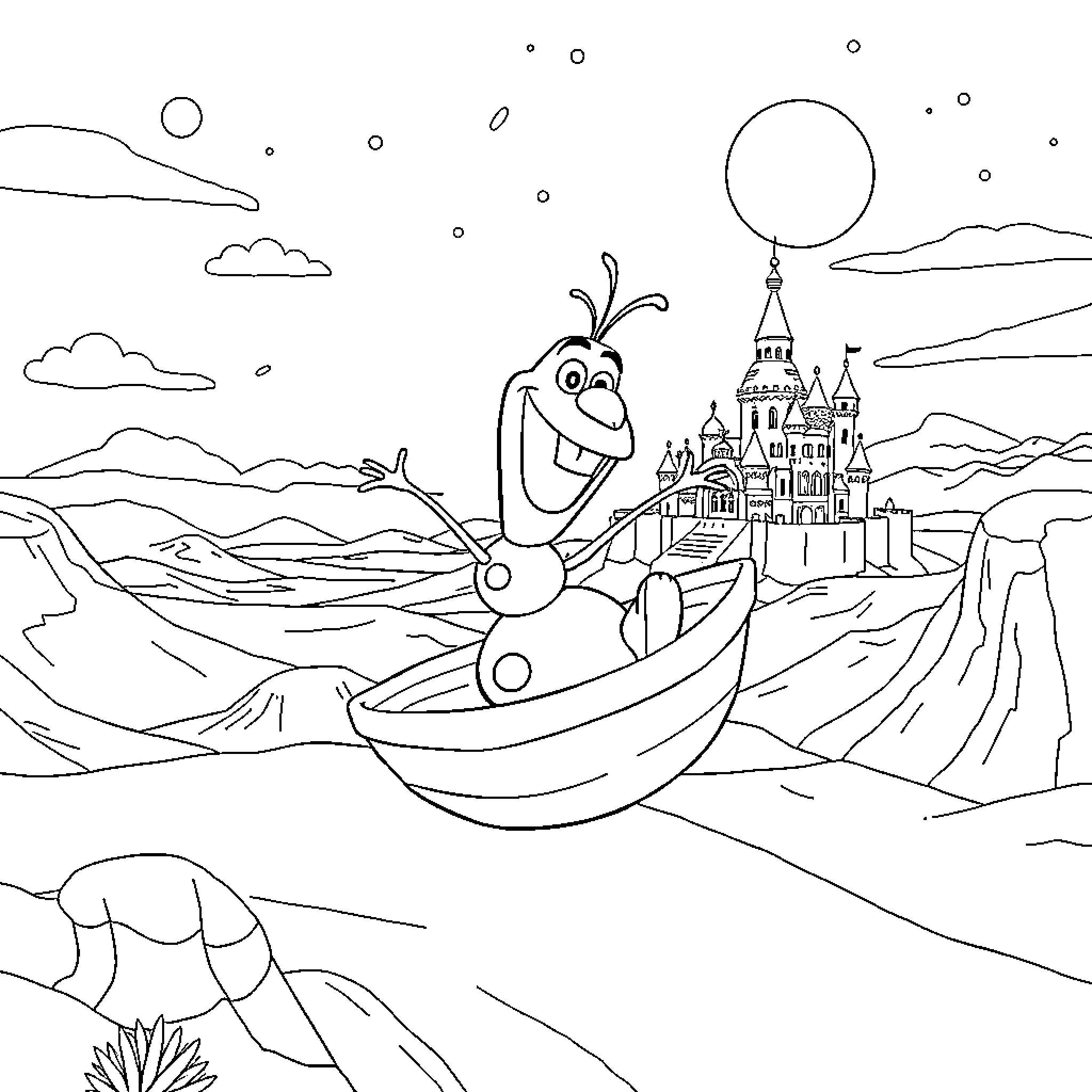 Olaf enjoying a magical boat ride to a castle Coloring Page (free black-and-white line drawing printable PDF for all, from beginners to advanced learners, including children, teens, adults, and seniors)