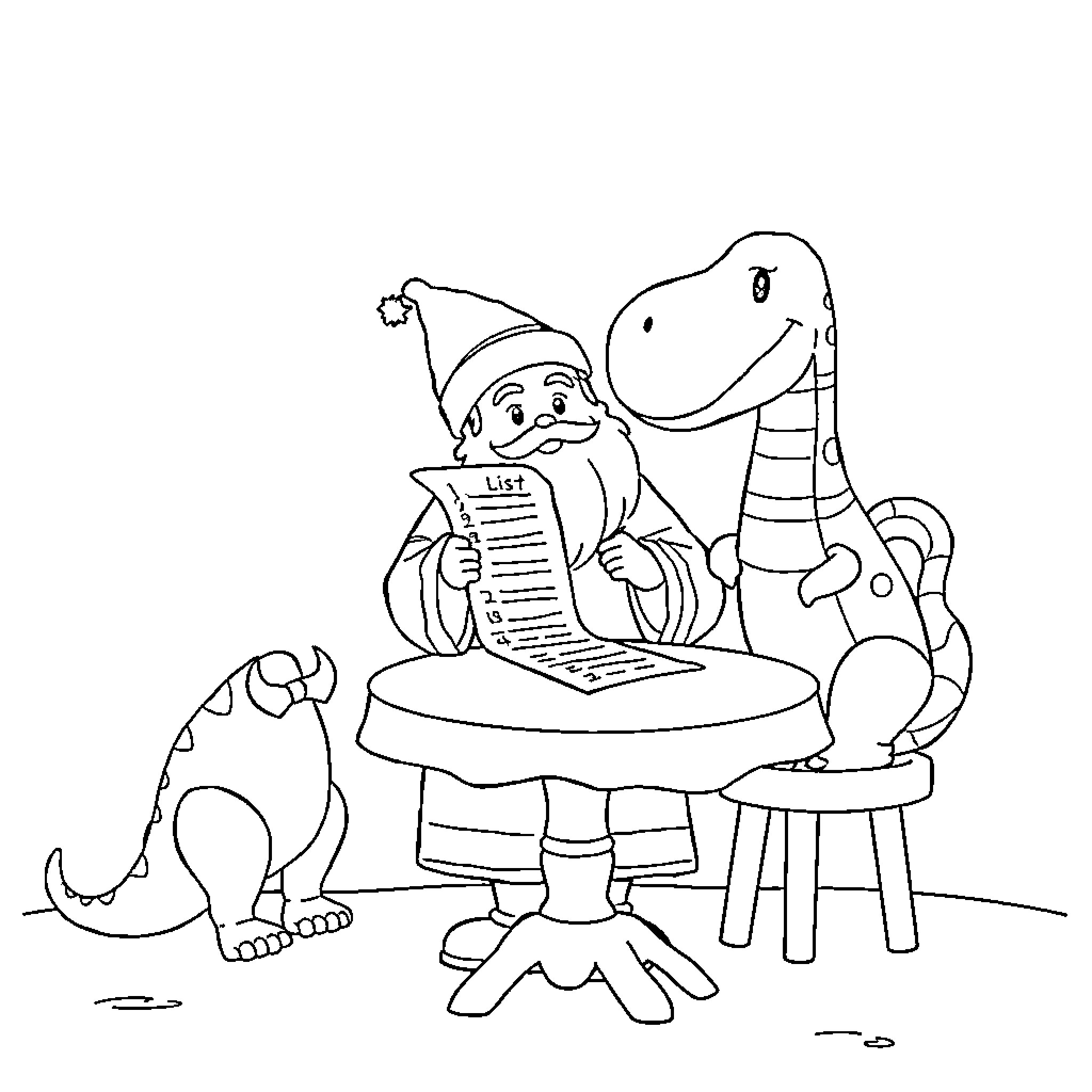 Saint Nicolas reviewing his list with friendly dinosaurs Coloring Page (free black-and-white line drawing printable PDF for all, from beginners to advanced learners, including children, teens, adults, and seniors)