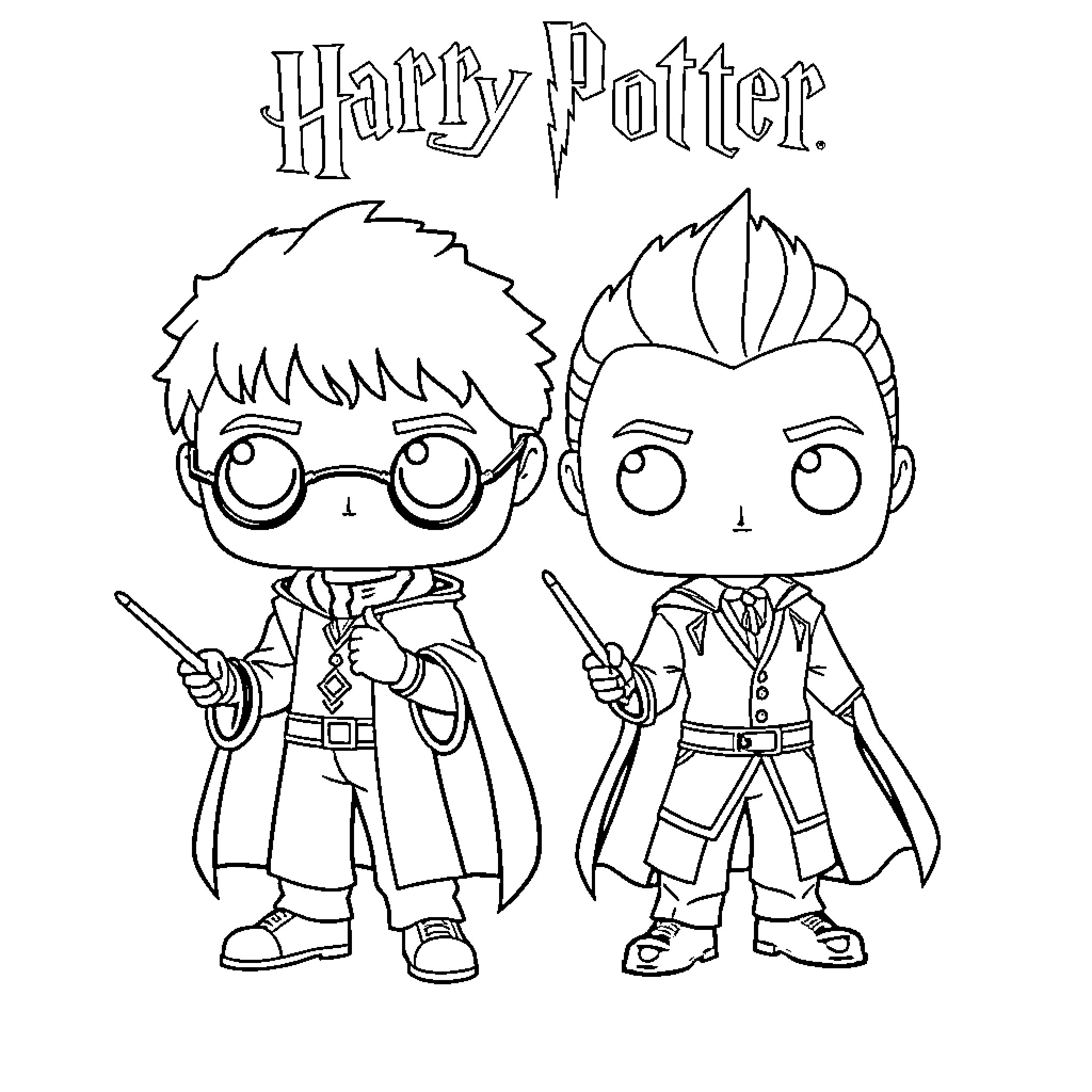 Funko Pop Harry Potter characters in action Coloring Page (free black-and-white line drawing printable PDF for all, from beginners to advanced learners, including children, teens, adults, and seniors)