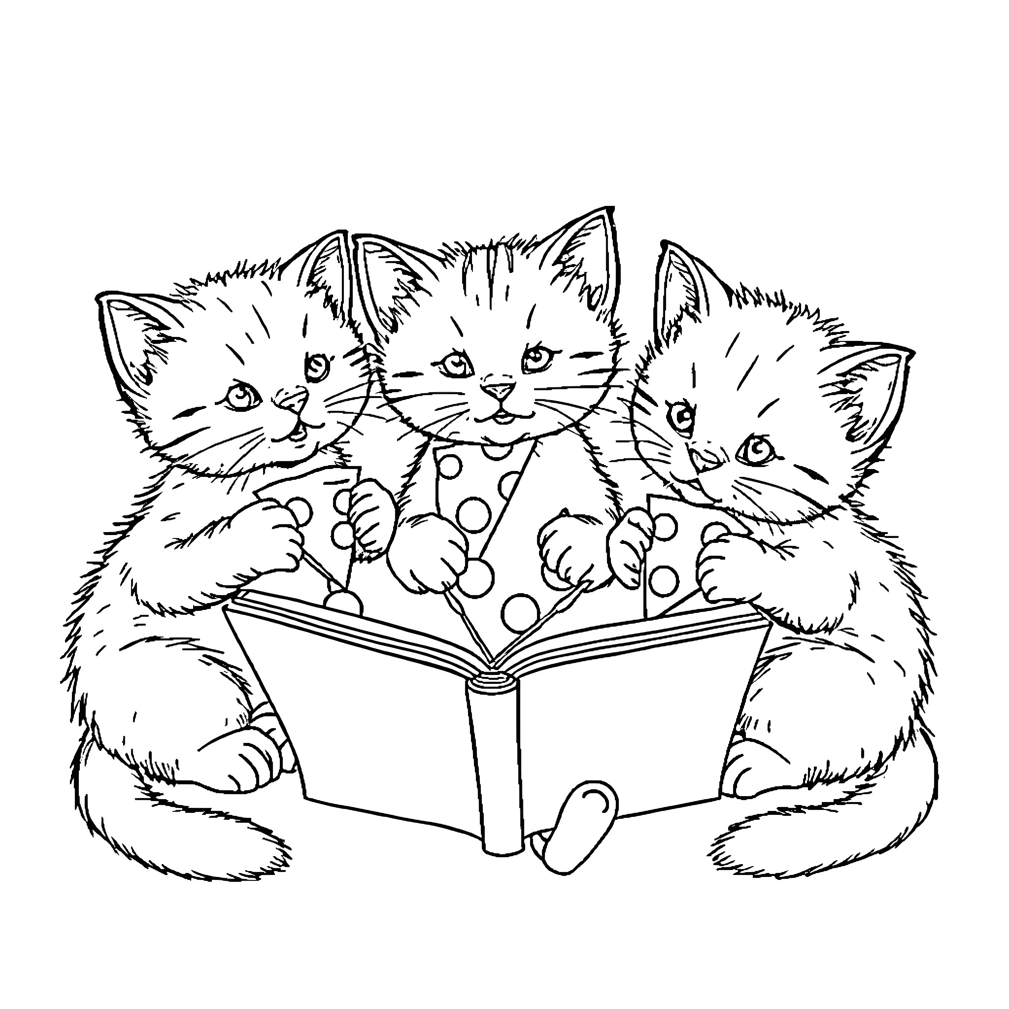 Kitten reading a book with friends Coloring Page (free black-and-white line drawing printable PDF for all, from beginners to advanced learners, including children, teens, adults, and seniors)